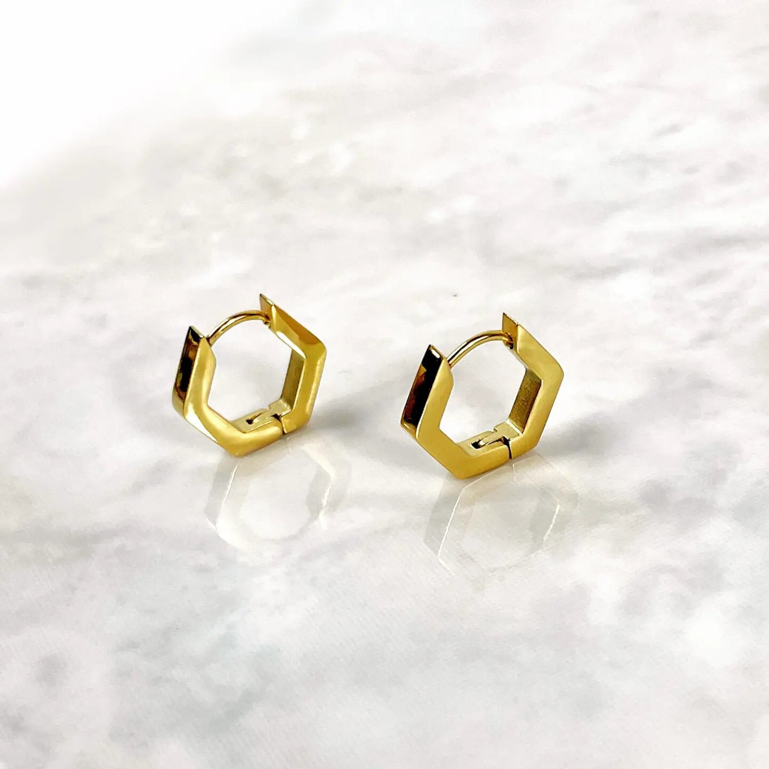 Huggie Hoop- 18K Gold Plated Hexagon Stainless Steel Creek + Elm