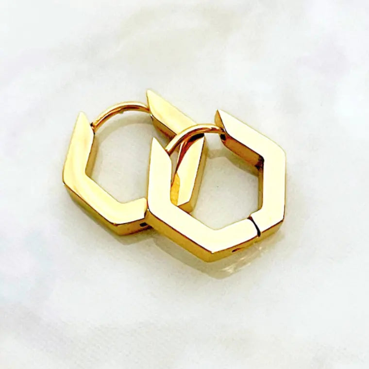 Huggie Hoop- 18K Gold Plated Hexagon Stainless Steel Creek + Elm