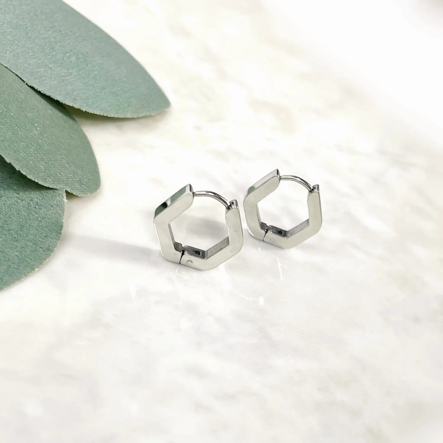 Huggie Hoop- Silver Hexagon Stainless Steel Creek + Elm