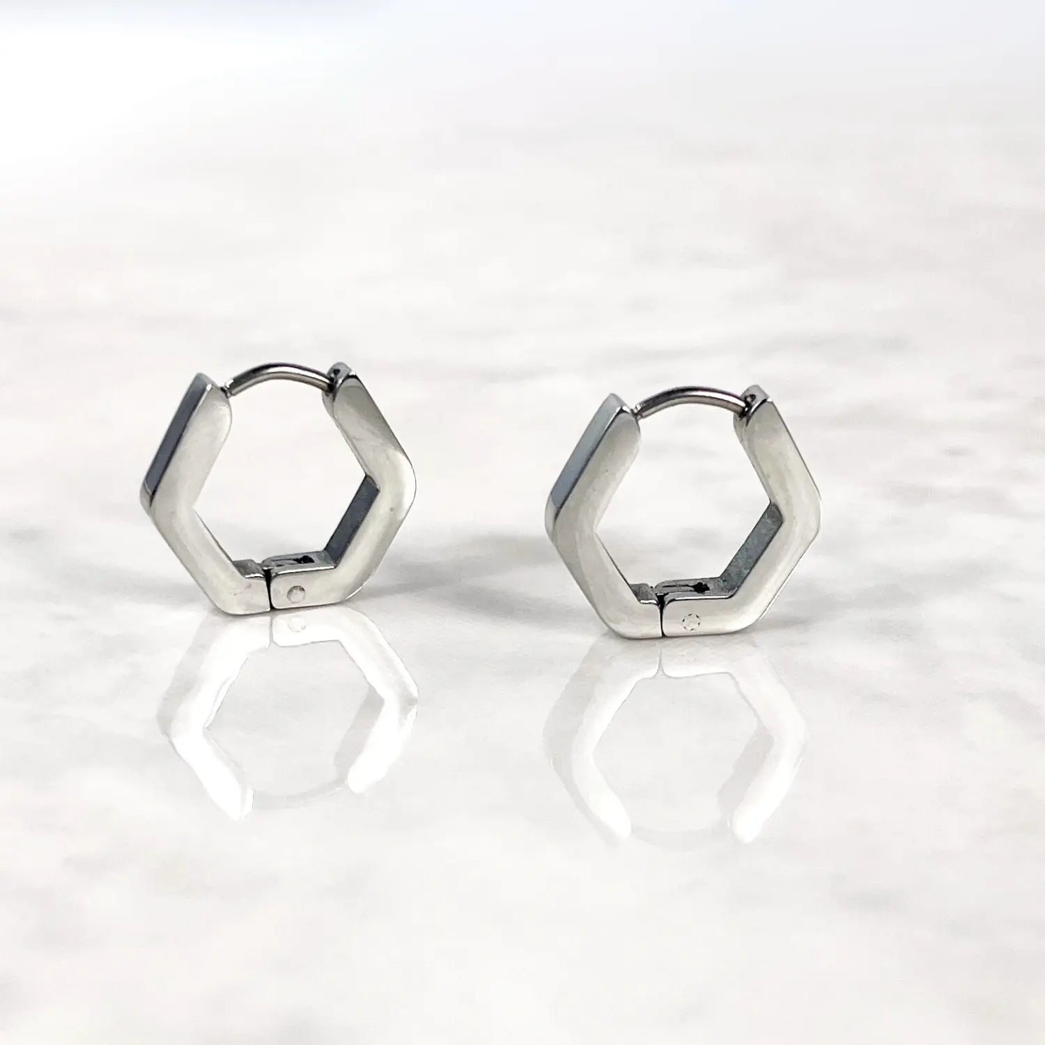Huggie Hoop- Silver Hexagon Stainless Steel Creek + Elm