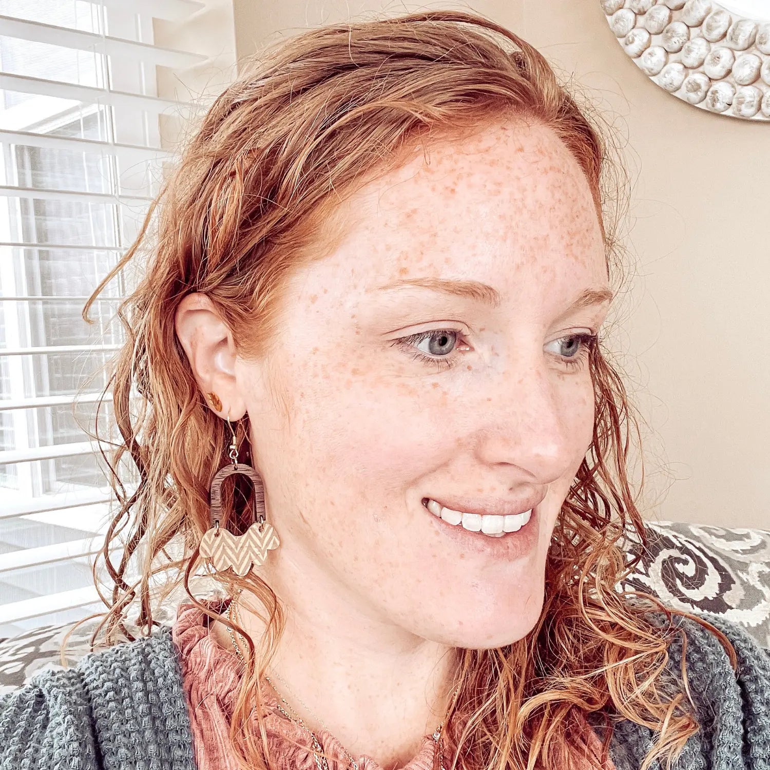 Paige Scalloped Cork and Walnut Wood Arch Dangly Earrings-Chevron Creek + Elm