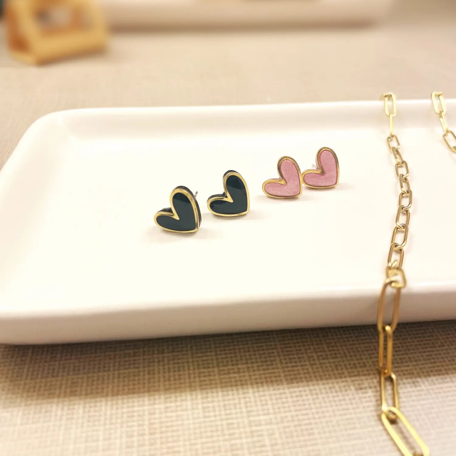 Polymer Clay Heart Stud Earrings with Gold Accent- Pink Pearl Creek + Elm