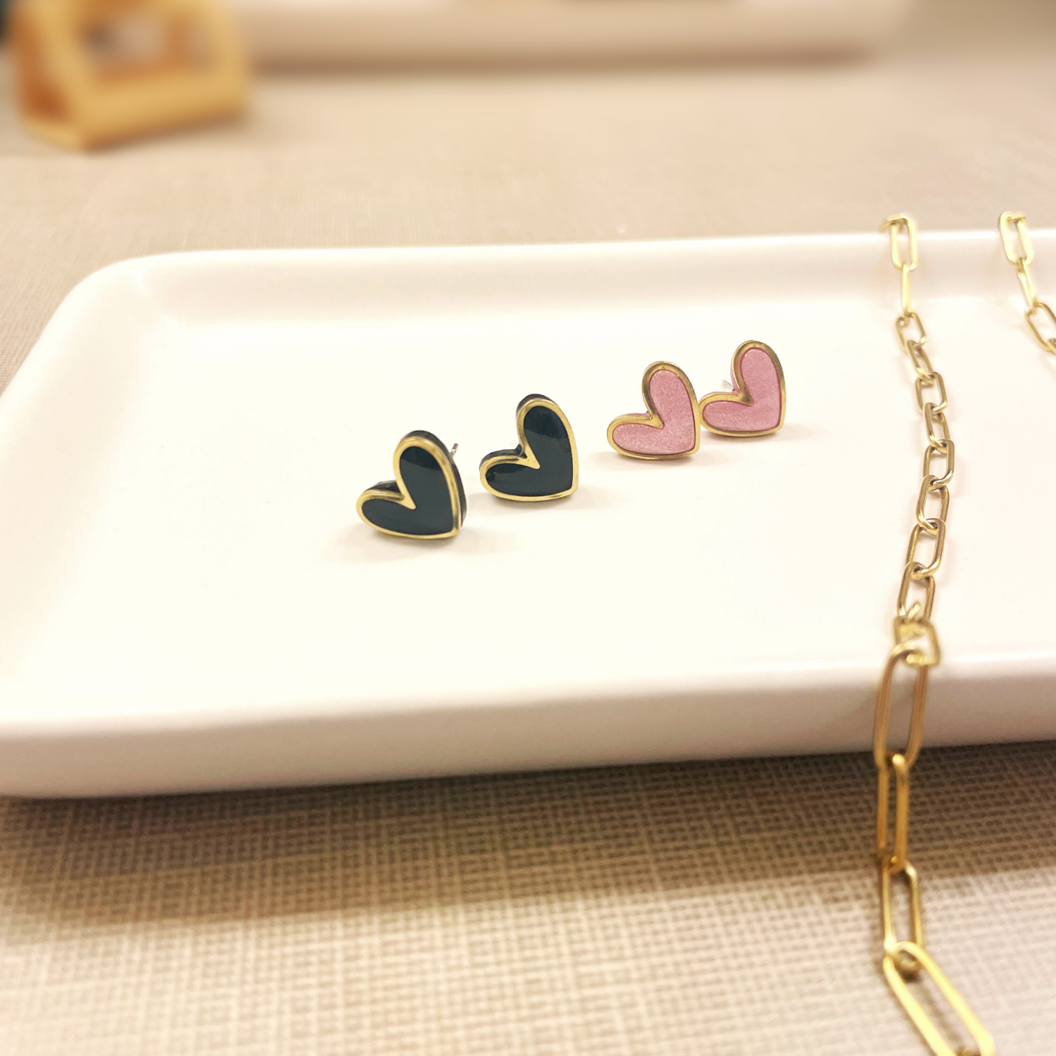 Polymer Clay Heart Stud Earrings with Gold Accent- Pink Pearl