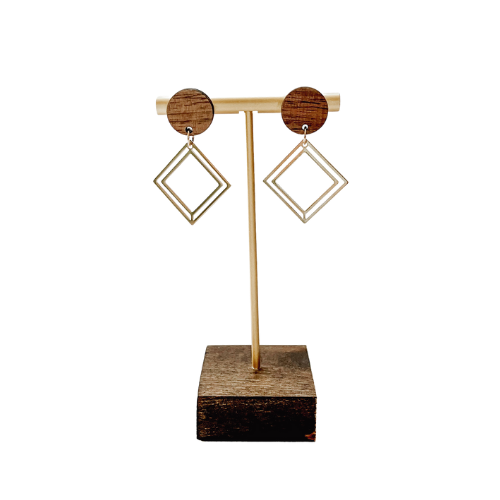 Olive Walnut Wood + Gold Accent Dangly Earrings