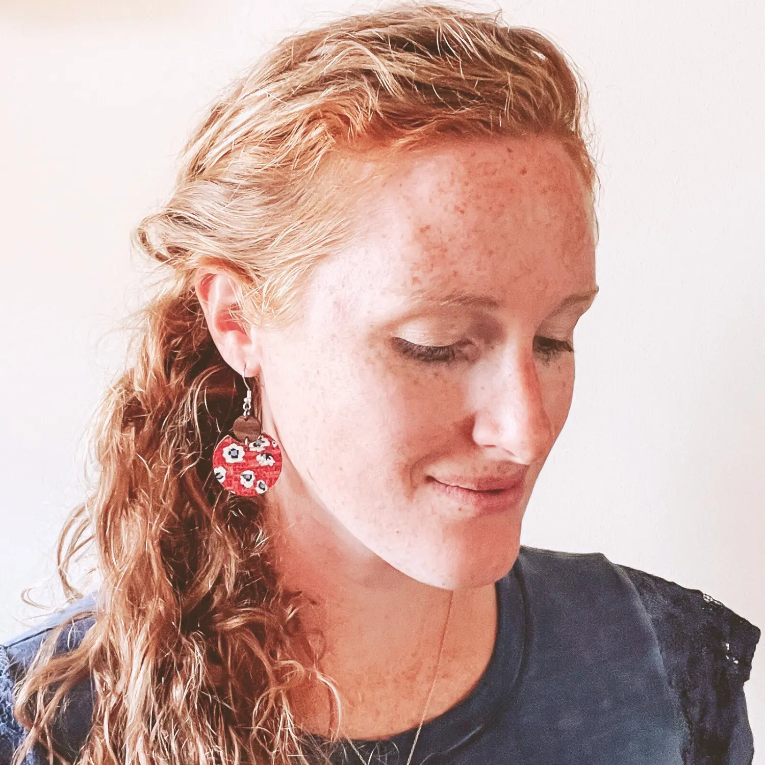 Cora Patriotic Collection Walnut Wood and Cork Earrings- Red and Blue Stars Creek + Elm