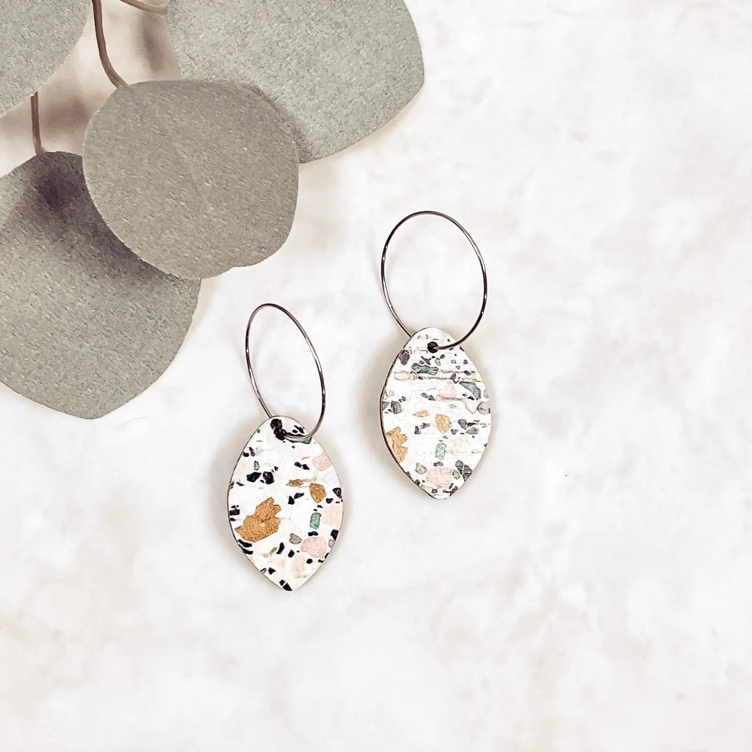 Terrazzo Cork Leaf Shaped Hoop Dangle Earrings Creek + Elm