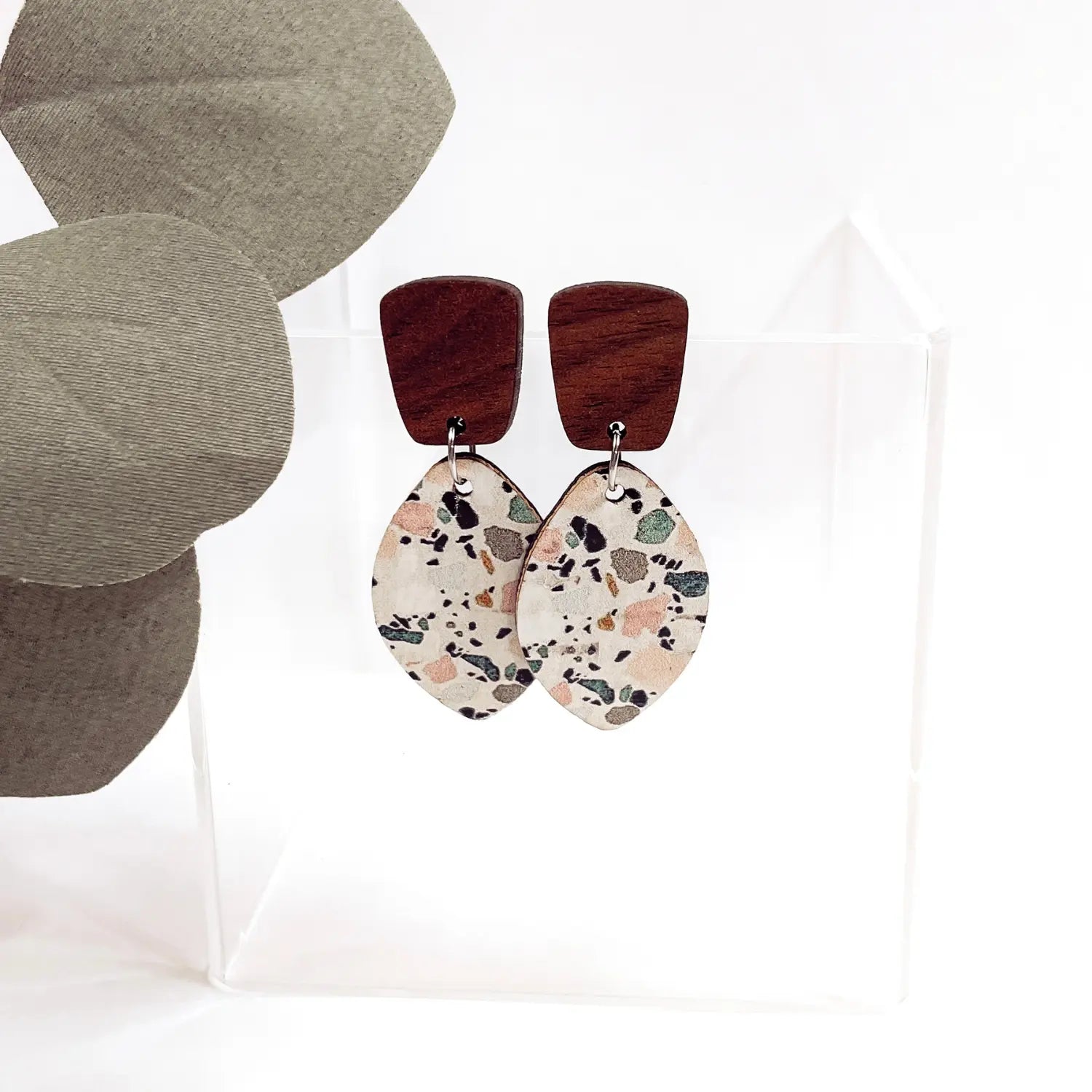 Terrazzo Cork Leaf Shaped Walnut Wood Stud Dangle Earrings Creek + Elm