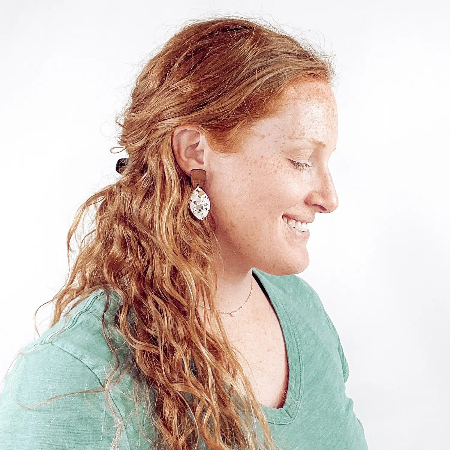Terrazzo Cork Leaf Shaped Walnut Wood Stud Dangle Earrings Creek + Elm