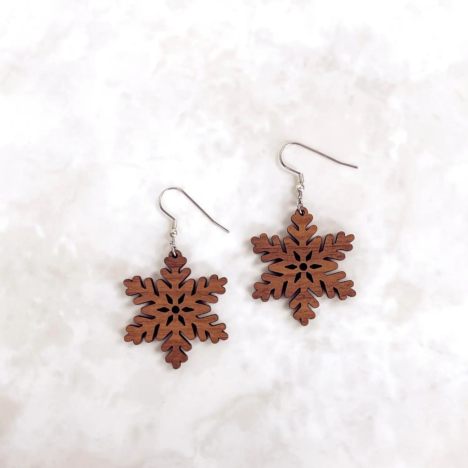 Snowflake Wood Dangle Earrings- Walnut Creek + Elm