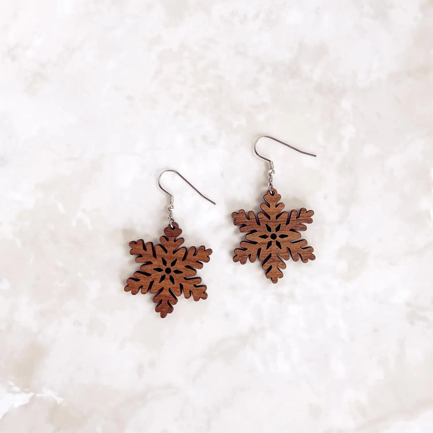 Snowflake Wood Dangle Earrings- Walnut Creek + Elm