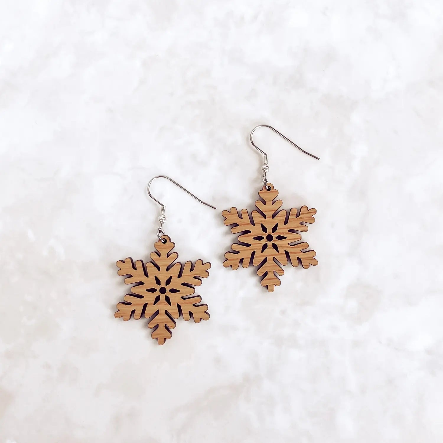 Snowflake Wood Dangle Earrings- White Oak Creek + Elm