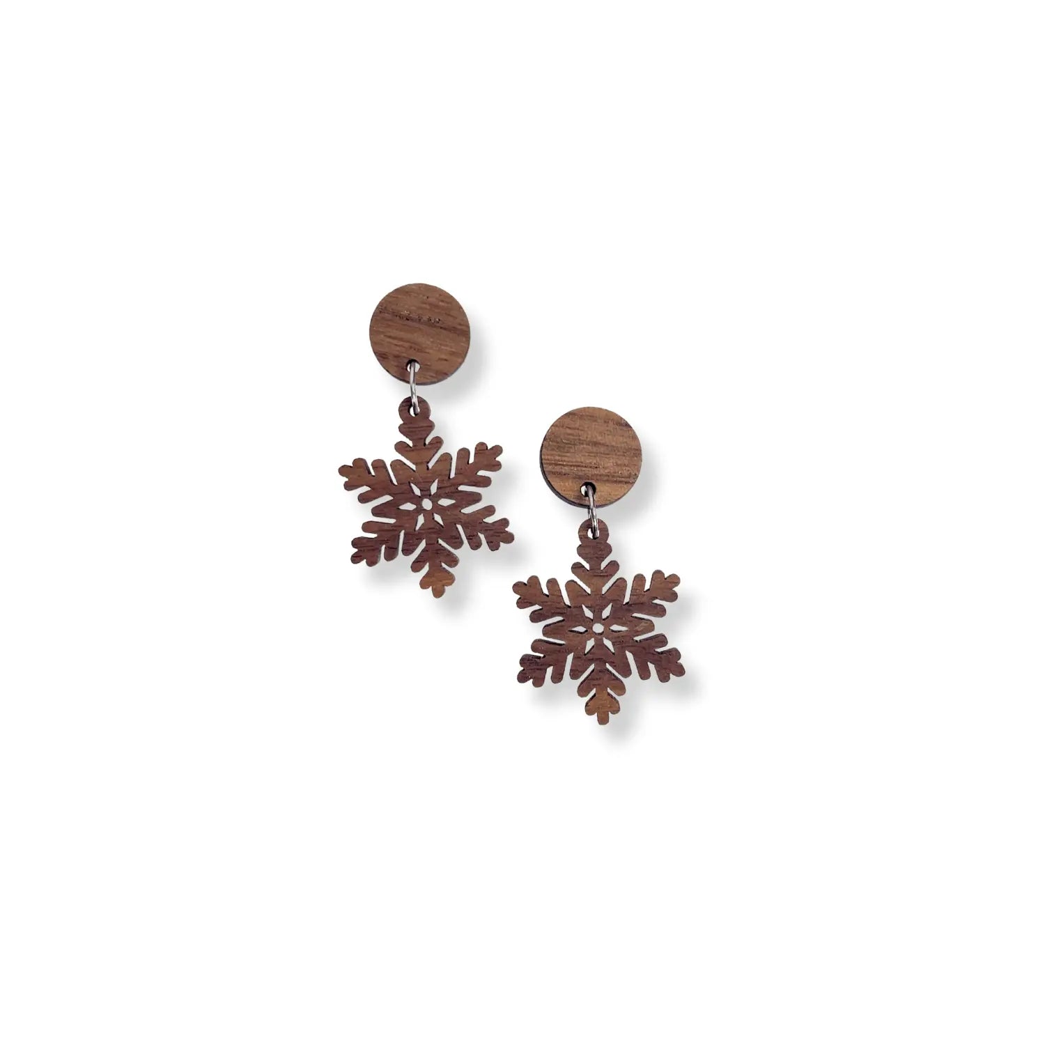 Snowflake and Walnut Wood Circle Earrings- Walnut Creek + Elm