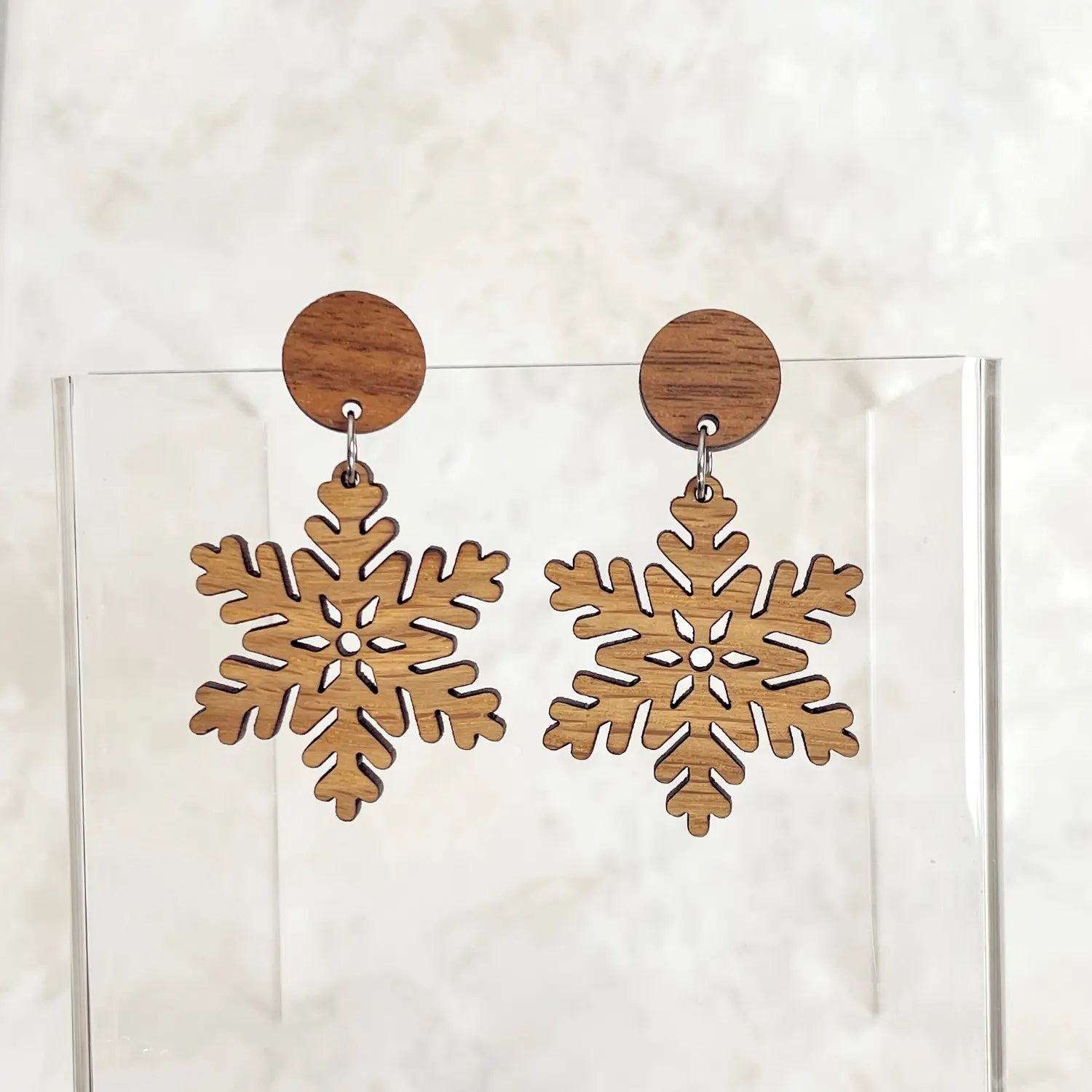 Snowflake and Walnut Wood Circle Earrings- White Oak Creek + Elm