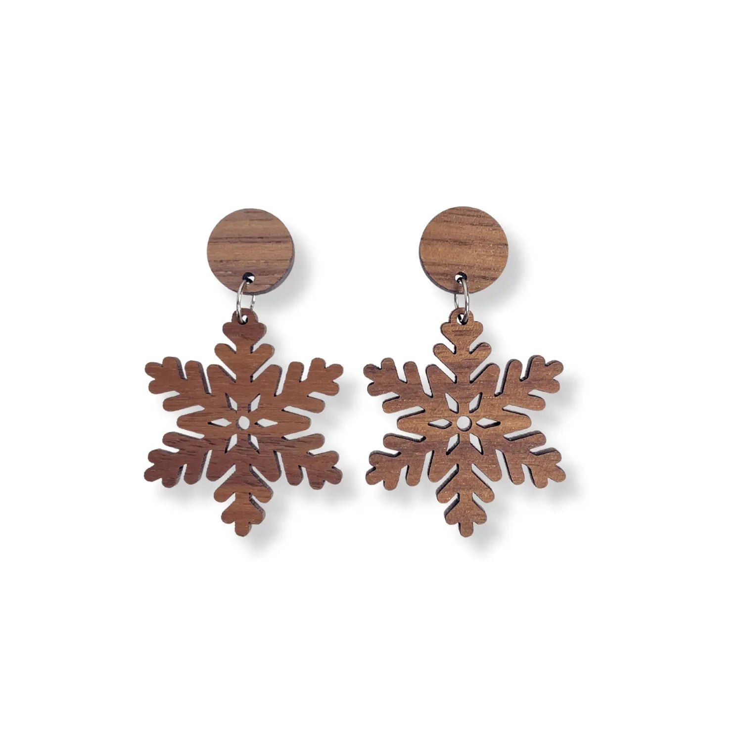 Snowflake and Walnut Wood Circle Earrings- Walnut Creek + Elm