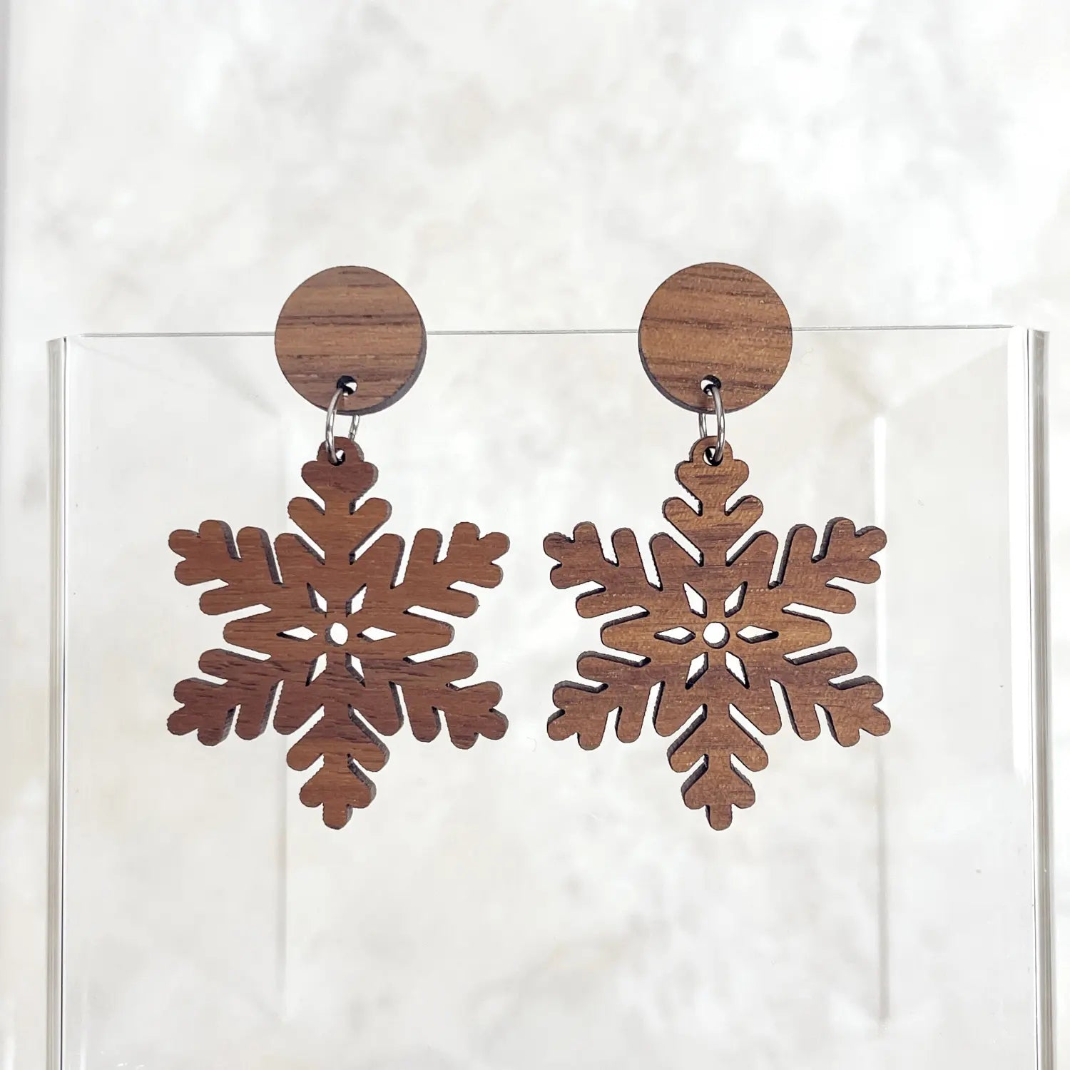 Snowflake and Walnut Wood Circle Earrings- Walnut Creek + Elm