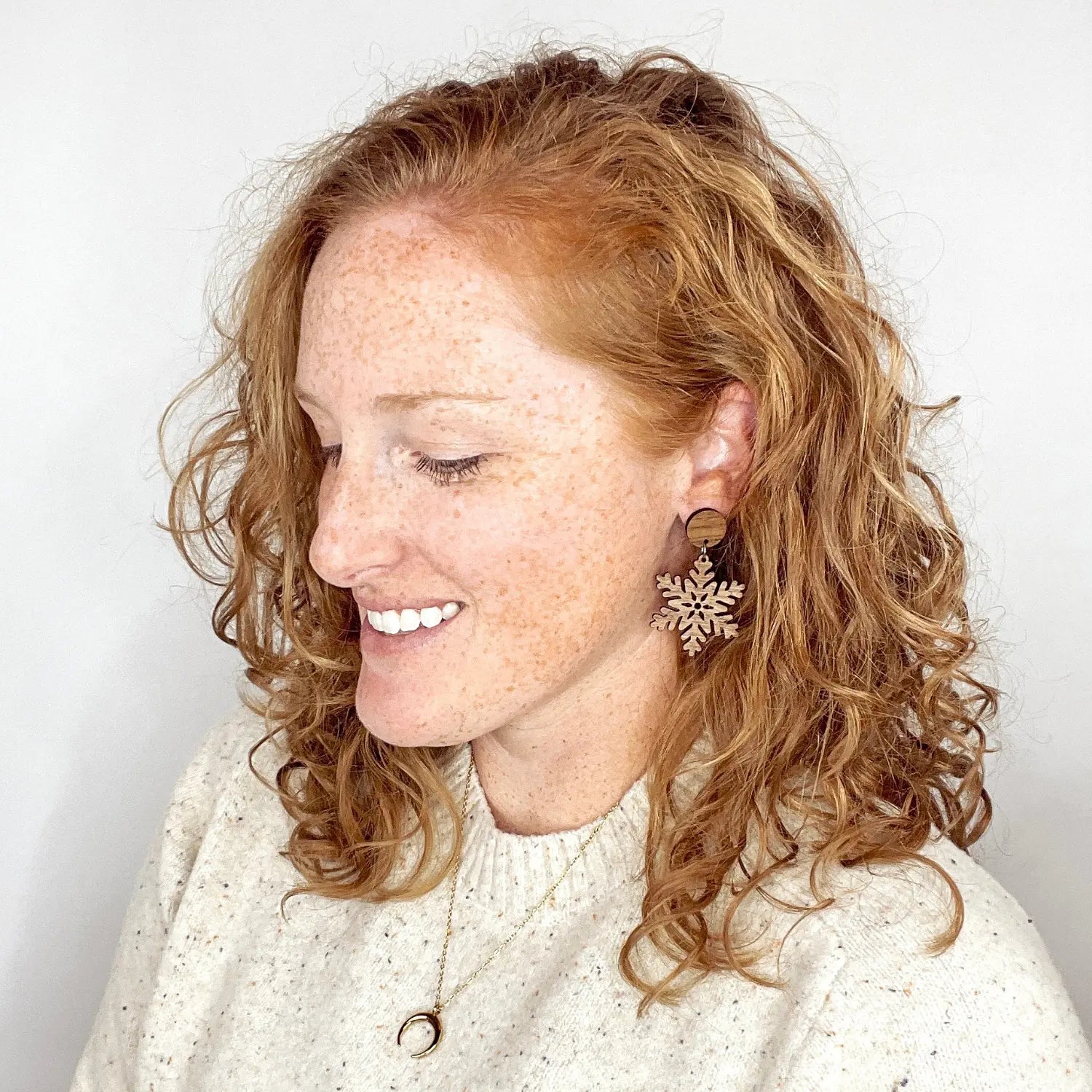 Snowflake and Walnut Wood Circle Earrings- Walnut Creek + Elm