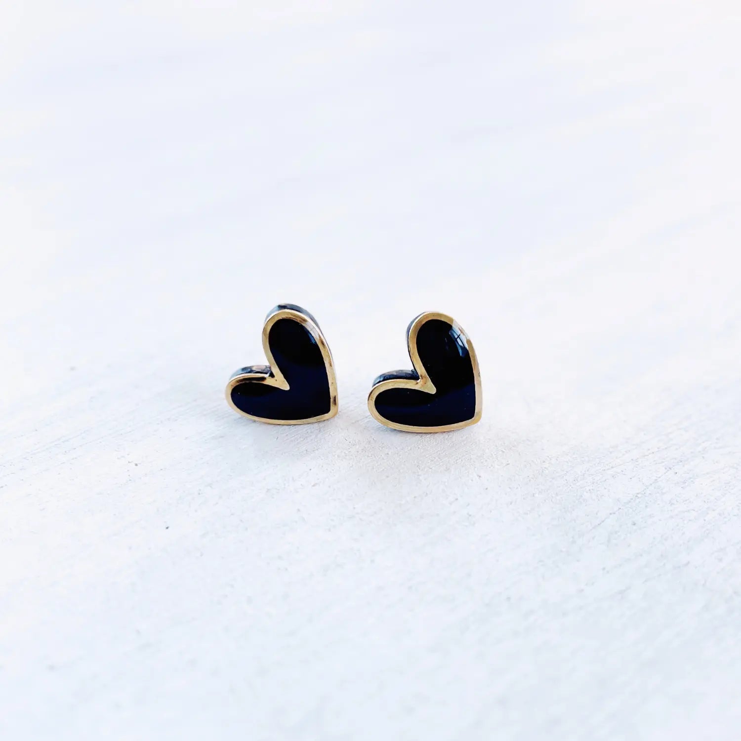 Polymer Clay Heart Stud Earrings with Gold Accent- Elegant Black Creek + Elm