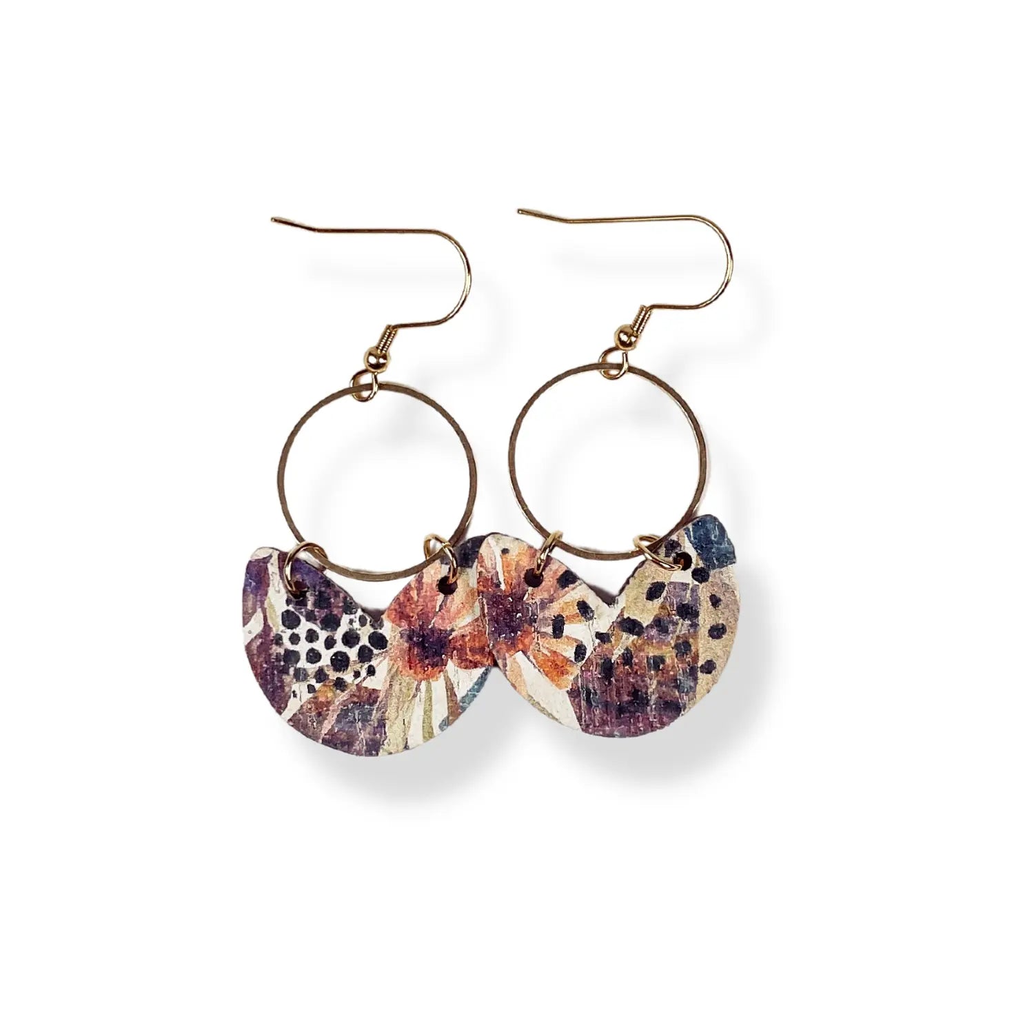 Amelia Cork and Gold Accent Dangly Earrings-Autumn Floral