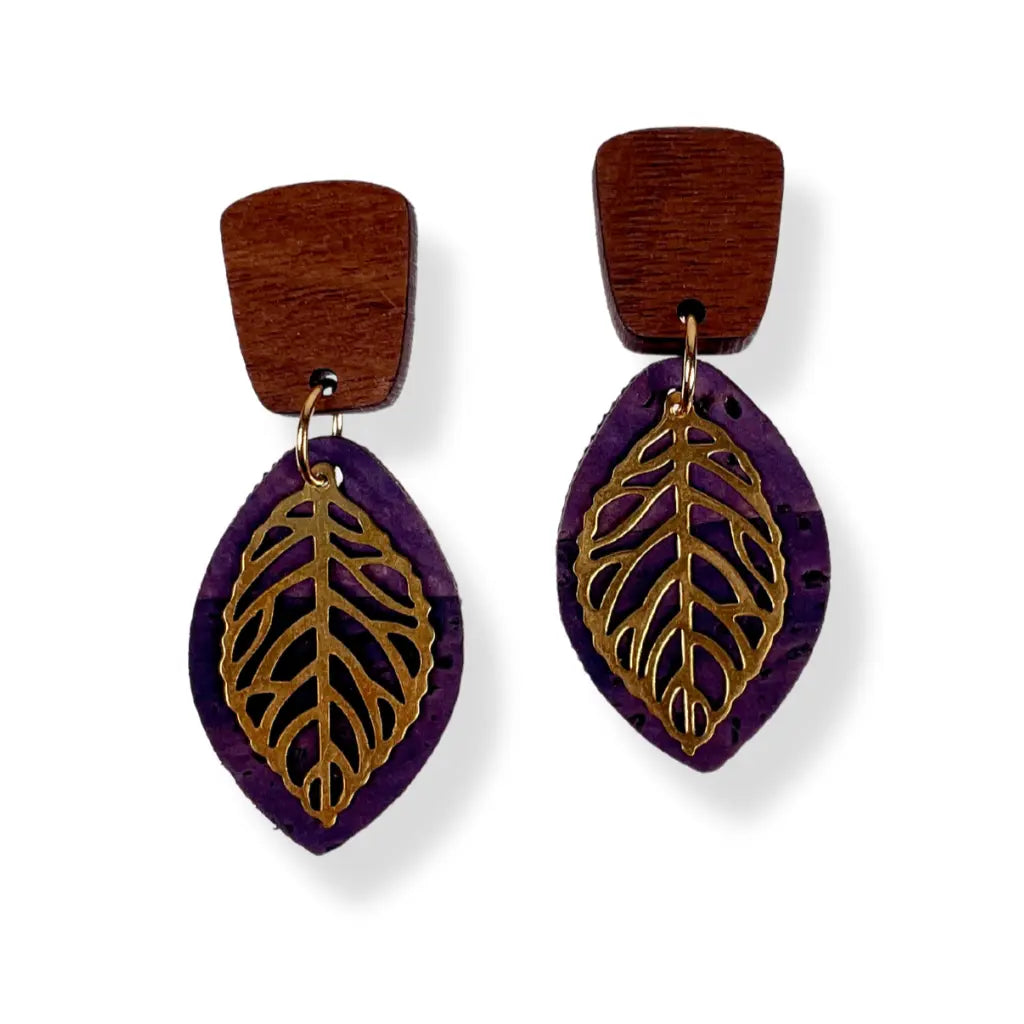 Aspen Walnut Wood and Cork Earrings- Eggplant