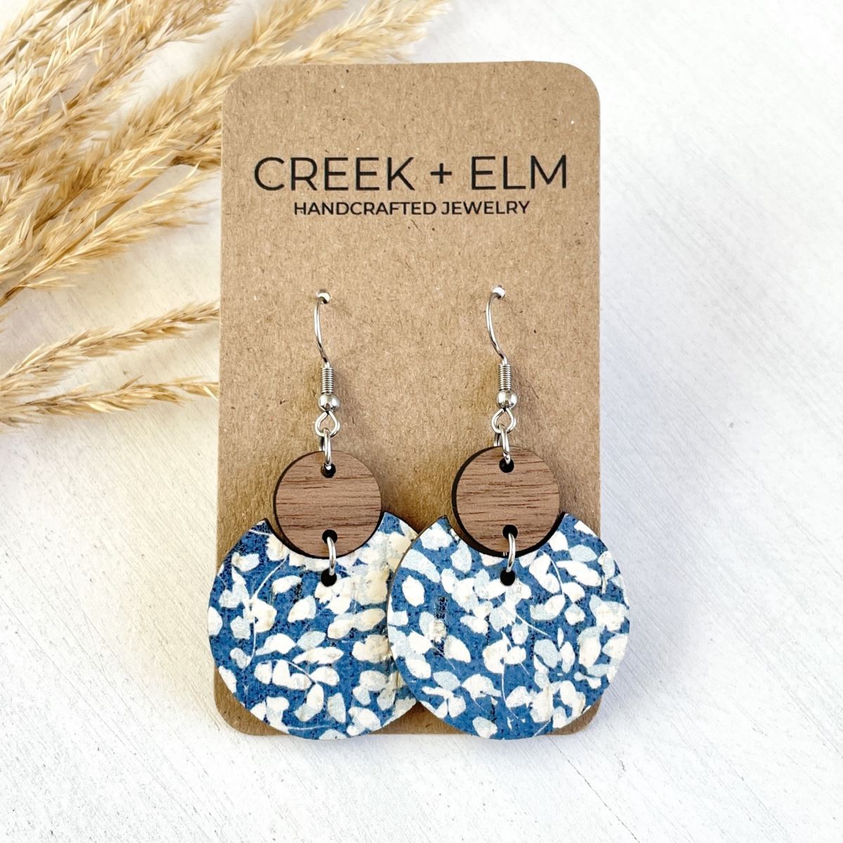 Cora Walnut Wood + Cork Earrings-Blue Dots
