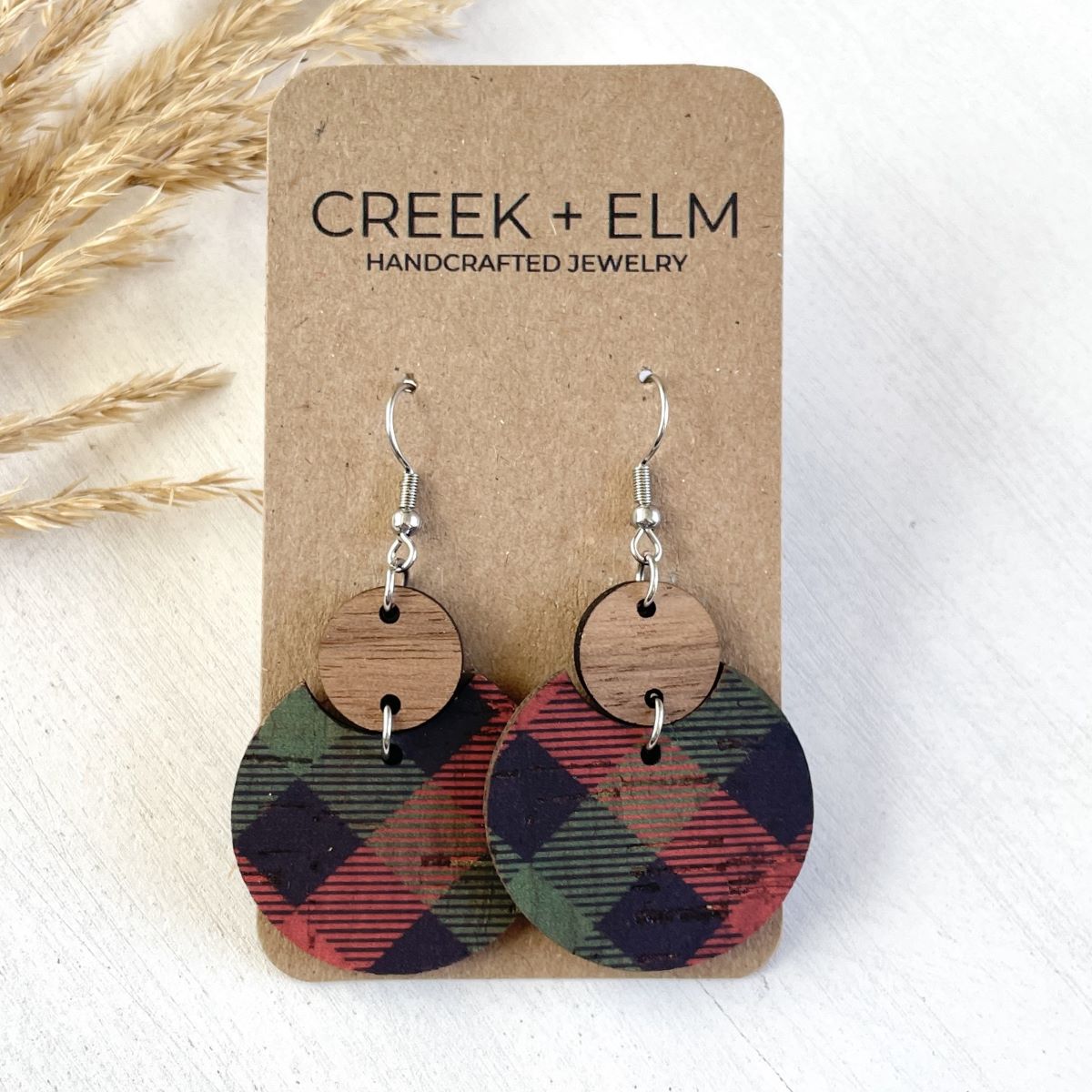 Cora Walnut Wood + Cork Earrings- Plaid