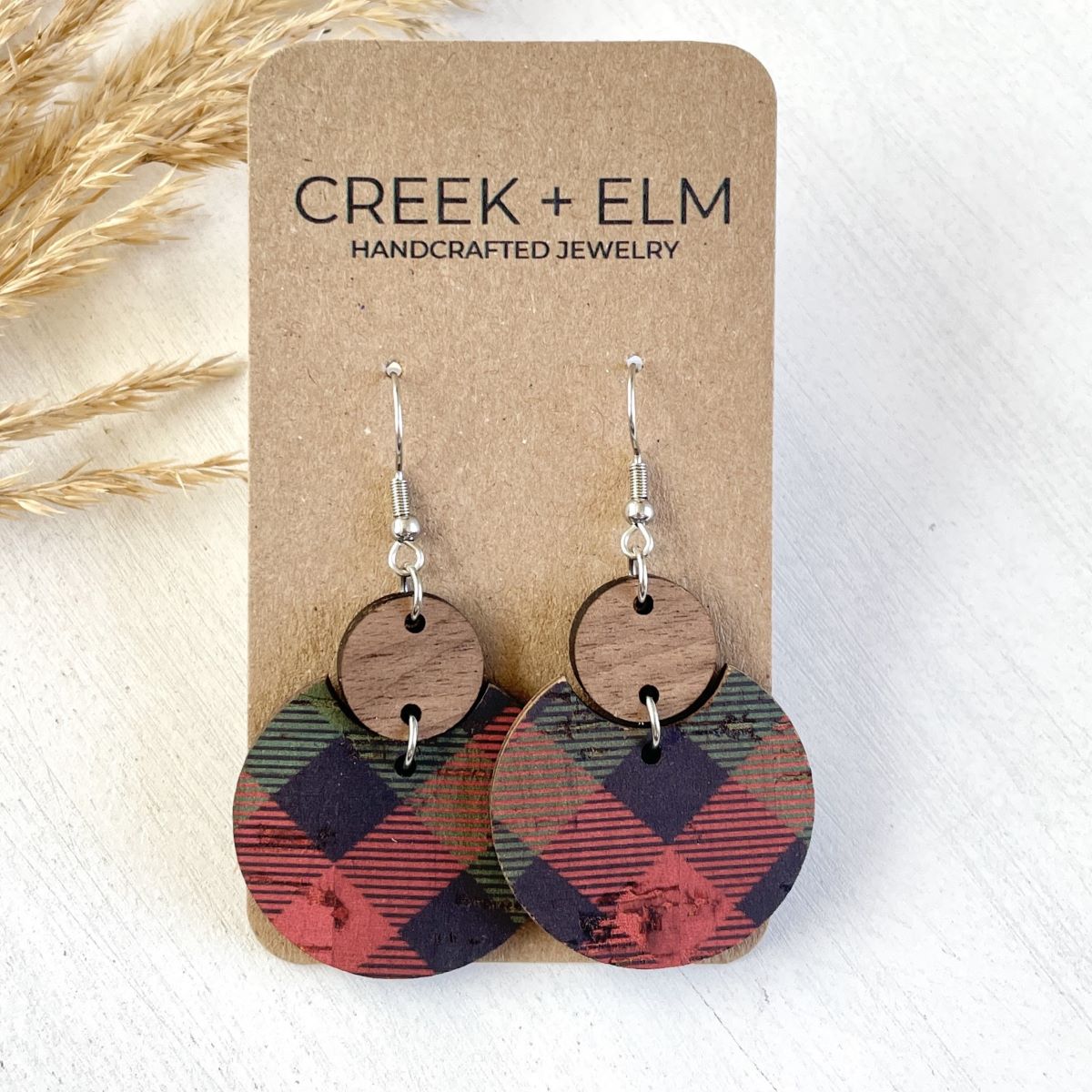 Cora Walnut Wood + Cork Earrings- Plaid