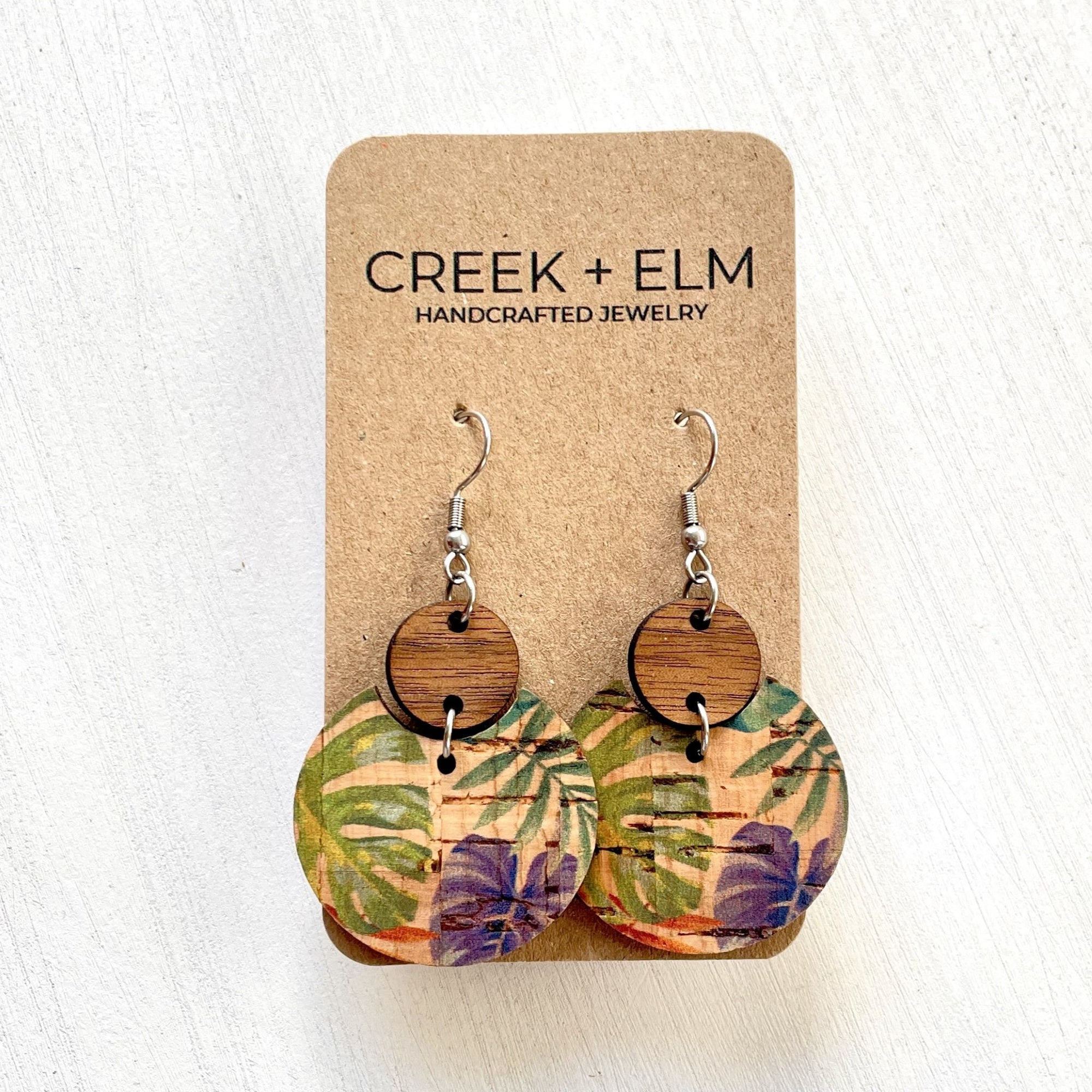 cora cork and wood painted canopy earrings close up