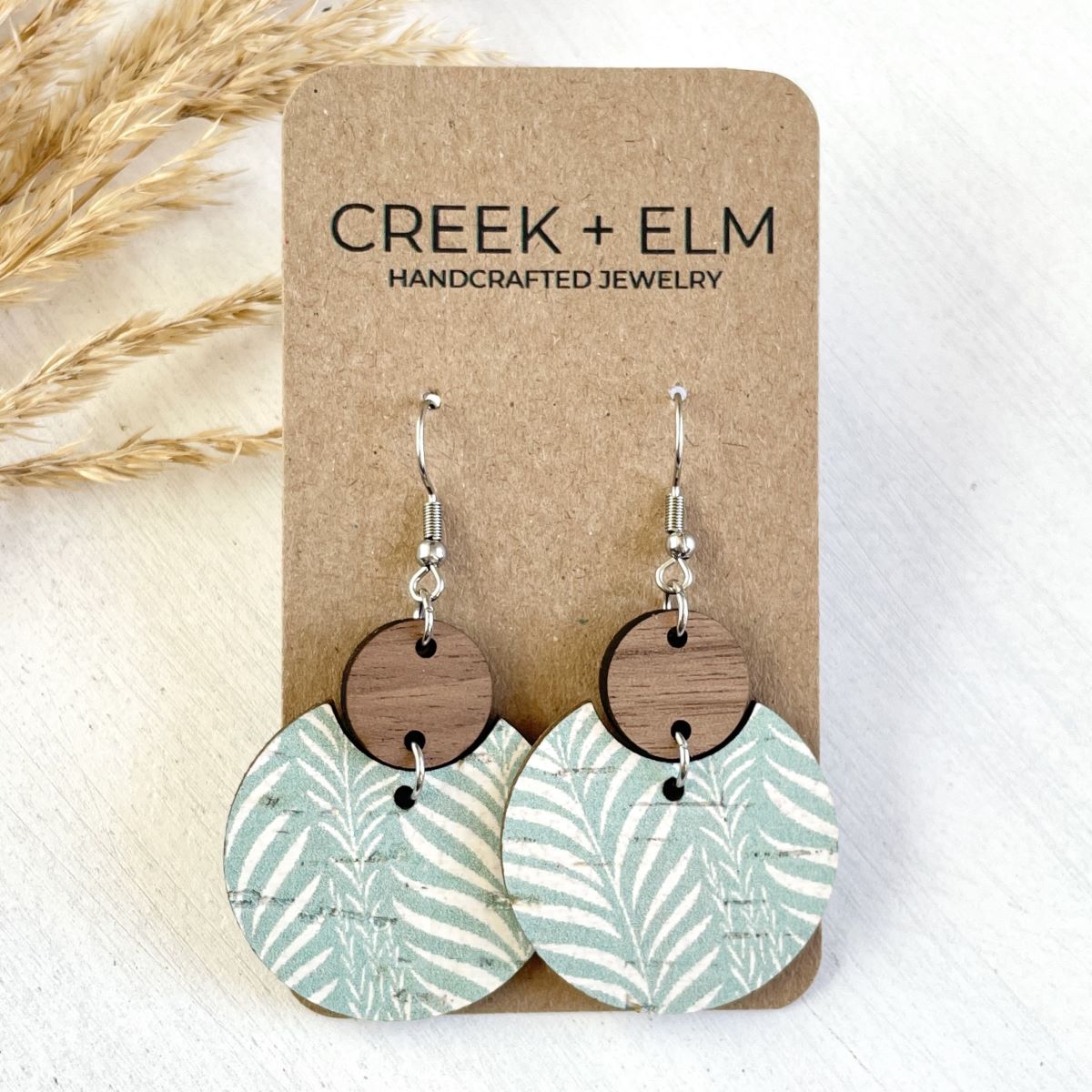 Cora Walnut Wood + Cork Earrings-Teal Leaves