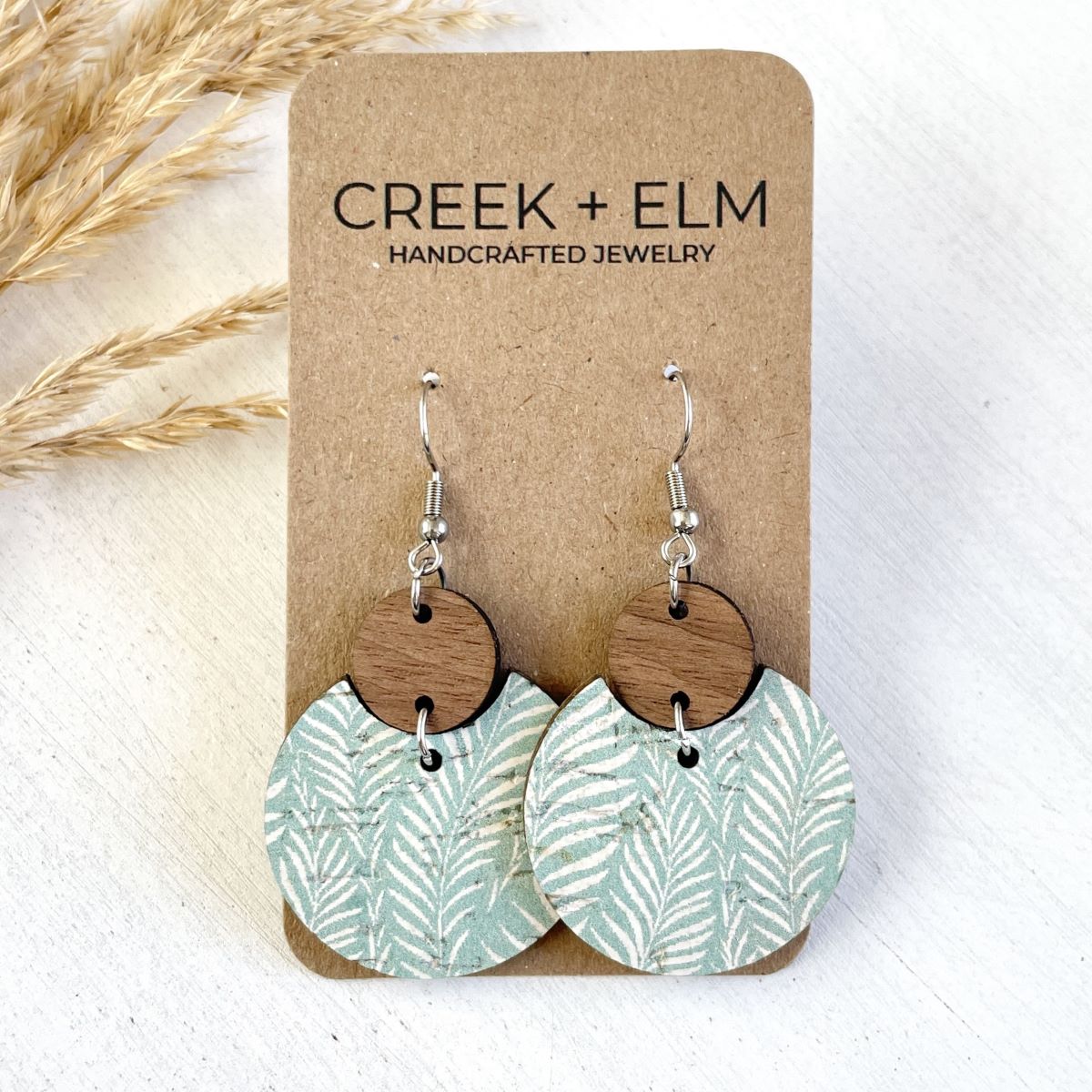 Cora Walnut Wood + Cork Earrings-Teal Leaves