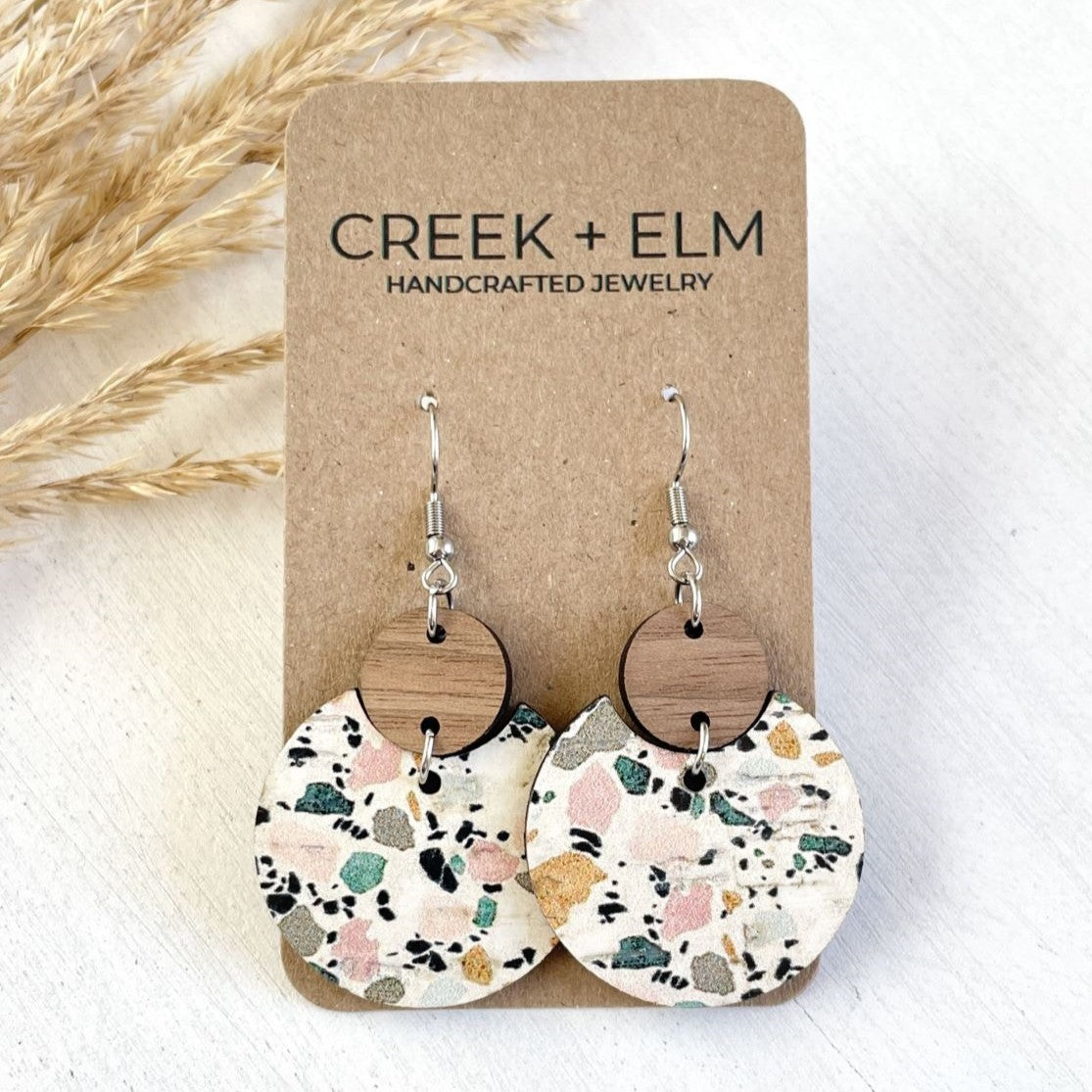 Cora Walnut Wood + Cork Earrings- Terrazzo