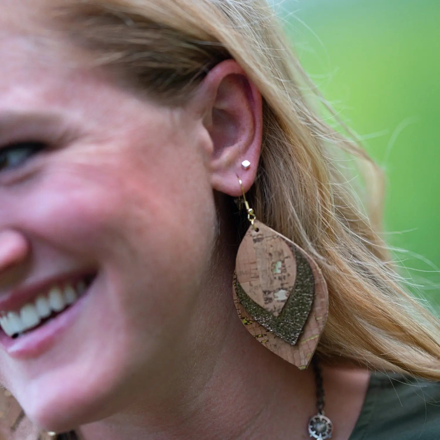 Macy Cork and Faux Leather Dangly Leaf Earrings-Natural Gold Fleck Creek + Elm