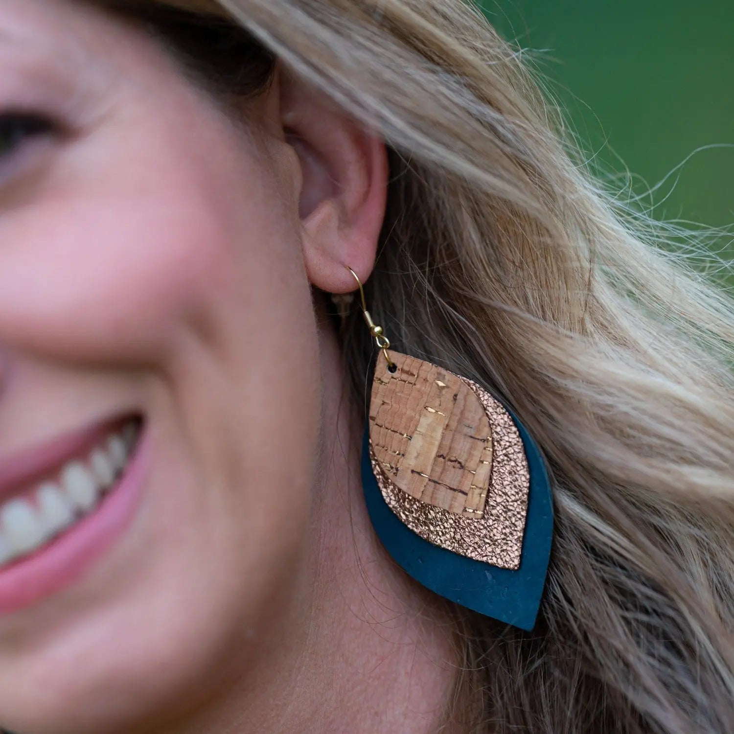 Macy Cork and Faux Leather Dangly Leaf Earrings-Teal Creek + Elm