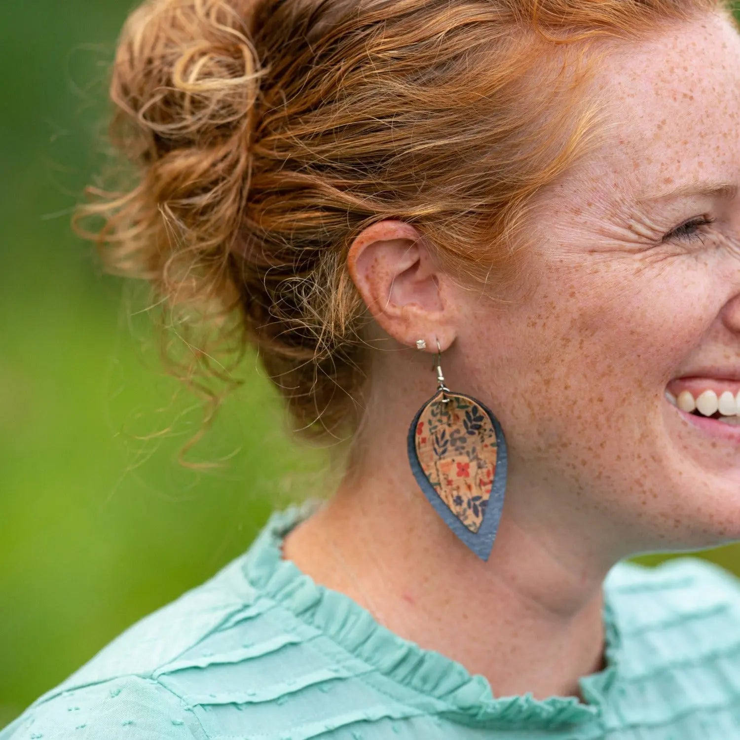 Lainey Petite Floral Cork Leaf Dangly Earrings-Pearl Gray Creek + Elm