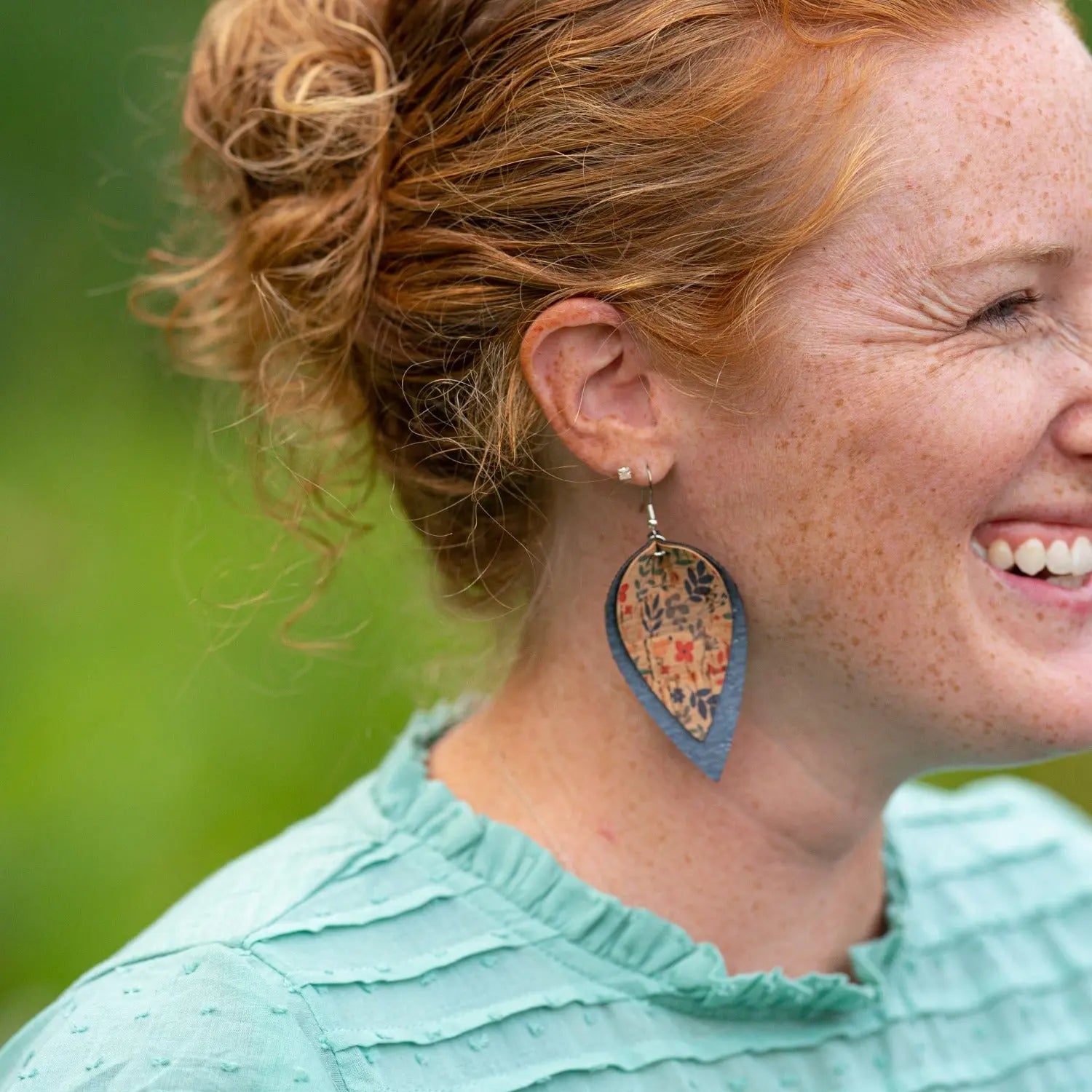 Lainey Petite Floral Cork Leaf Dangly Earrings-Gray Creek + Elm