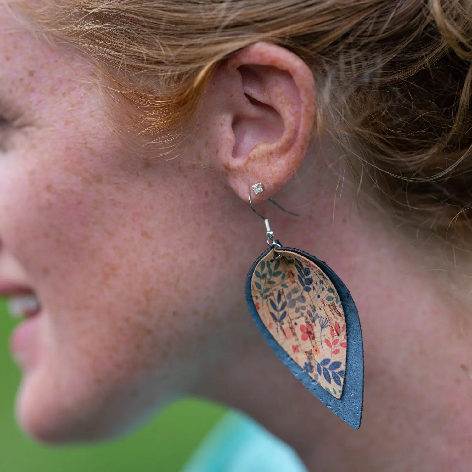 Lainey Petite Floral Cork Leaf Dangly Earrings-Pearl Gray Creek + Elm