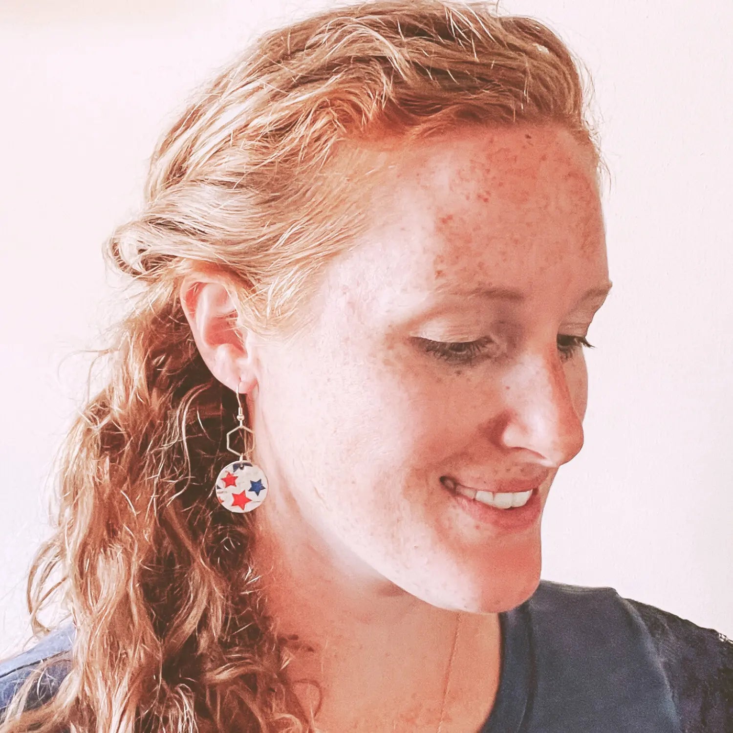 Elizabeth Patriotic Collection Silver or Gold Hexagon and Cork Earrings- Blue Stars Creek + Elm