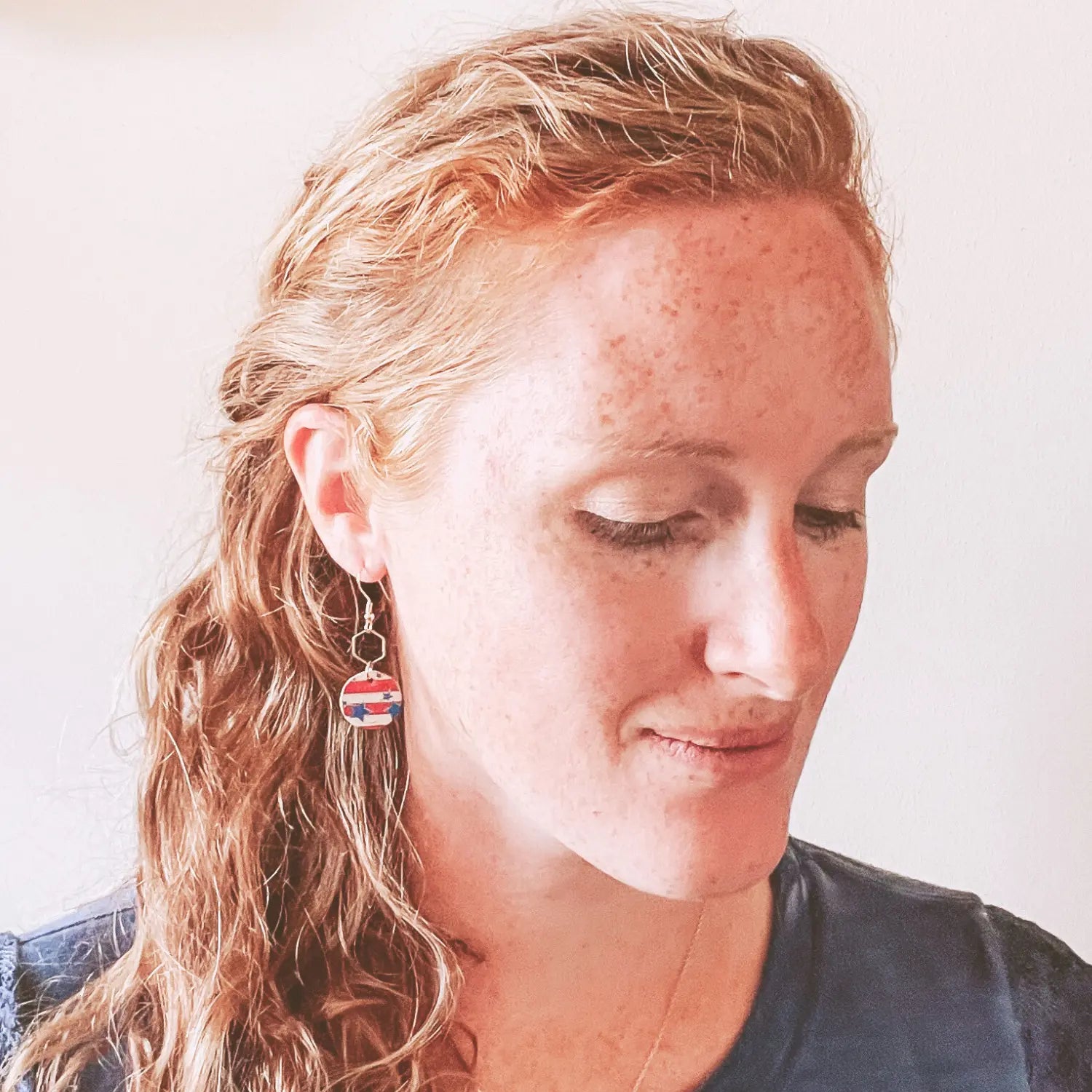 Elizabeth Patriotic Collection Silver or Gold Hexagon and Cork Earrings- Fireworks Creek + Elm
