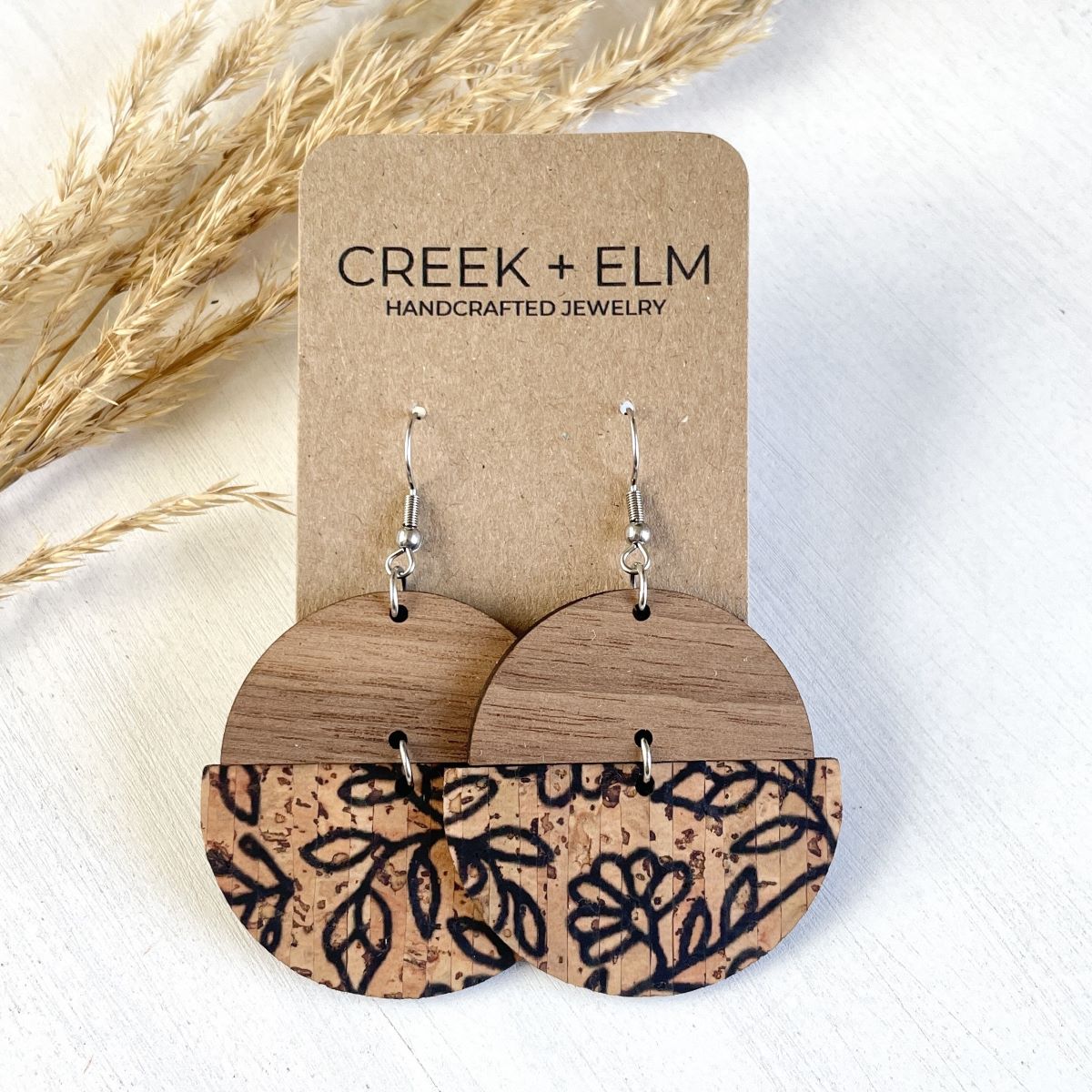 Everly Cork+ Wood Earrings- Black Floral