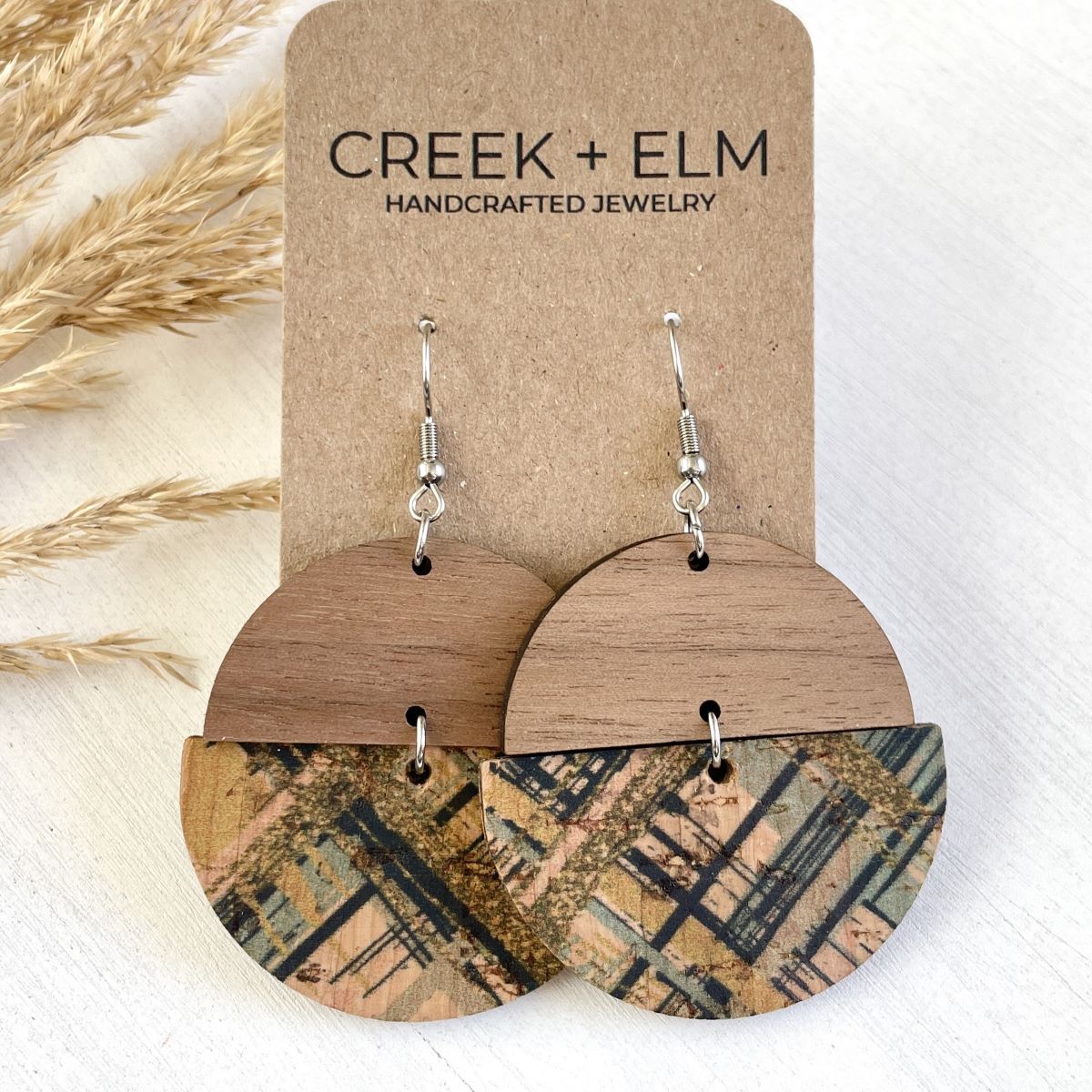 Everly Cork + Wood Earrings- Green Weave