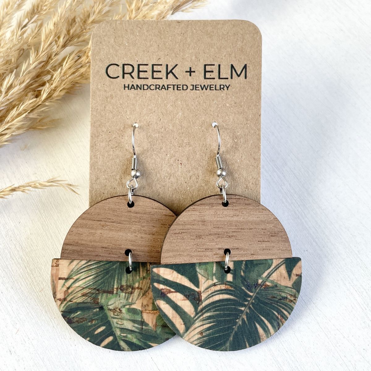Everly Cork + Wood Earrings- Monstera Leaves