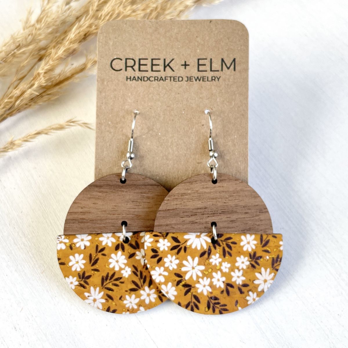 Everly Cork + Wood Earrings- Mustard Floral