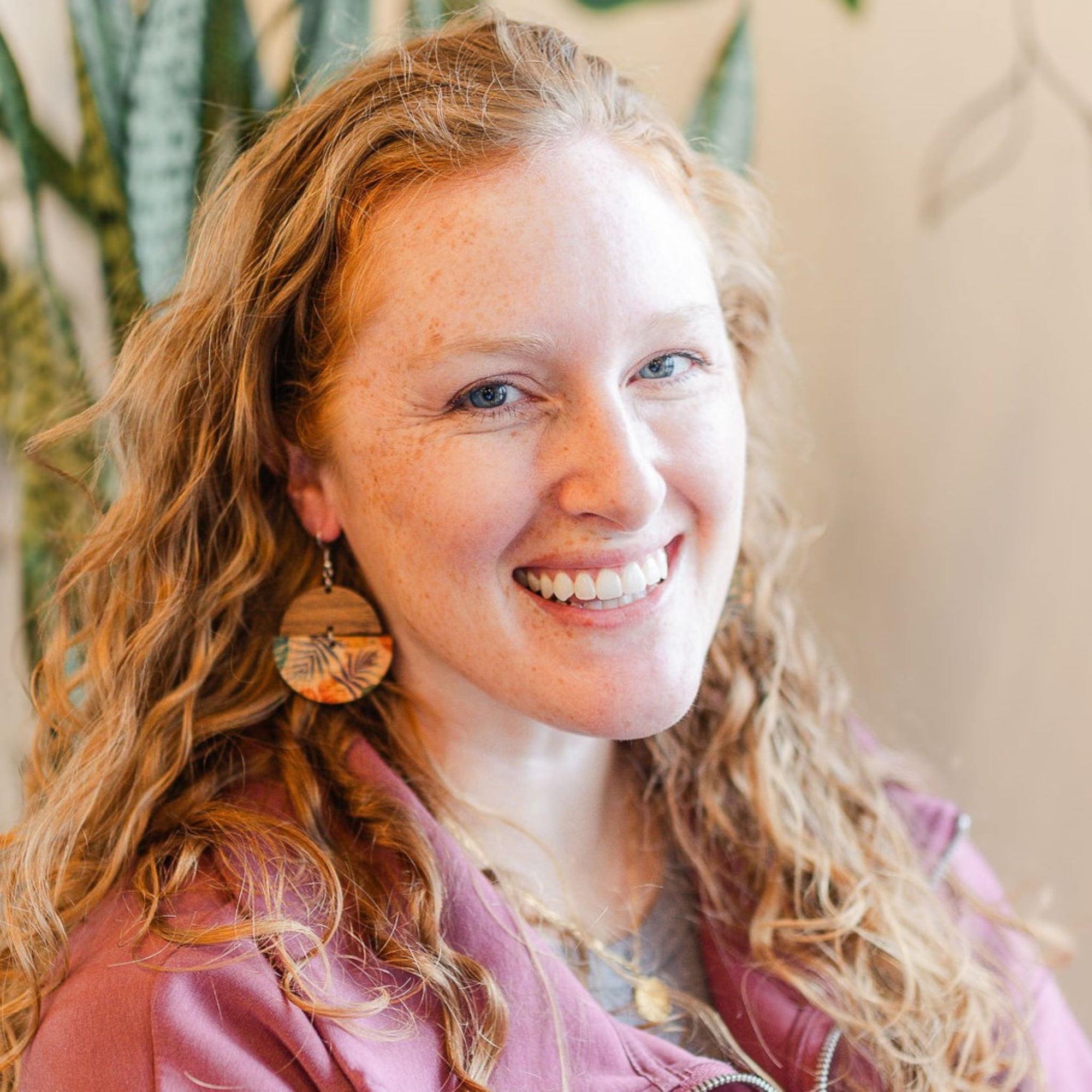 smiling model frontal everly painted canopy cork and wood earrings