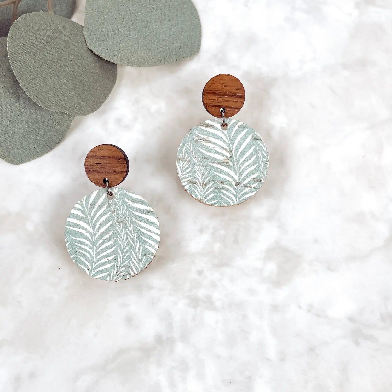 Liyra Cork and Walnut Wood Circle Earrings-Teal Leaves Creek + Elm