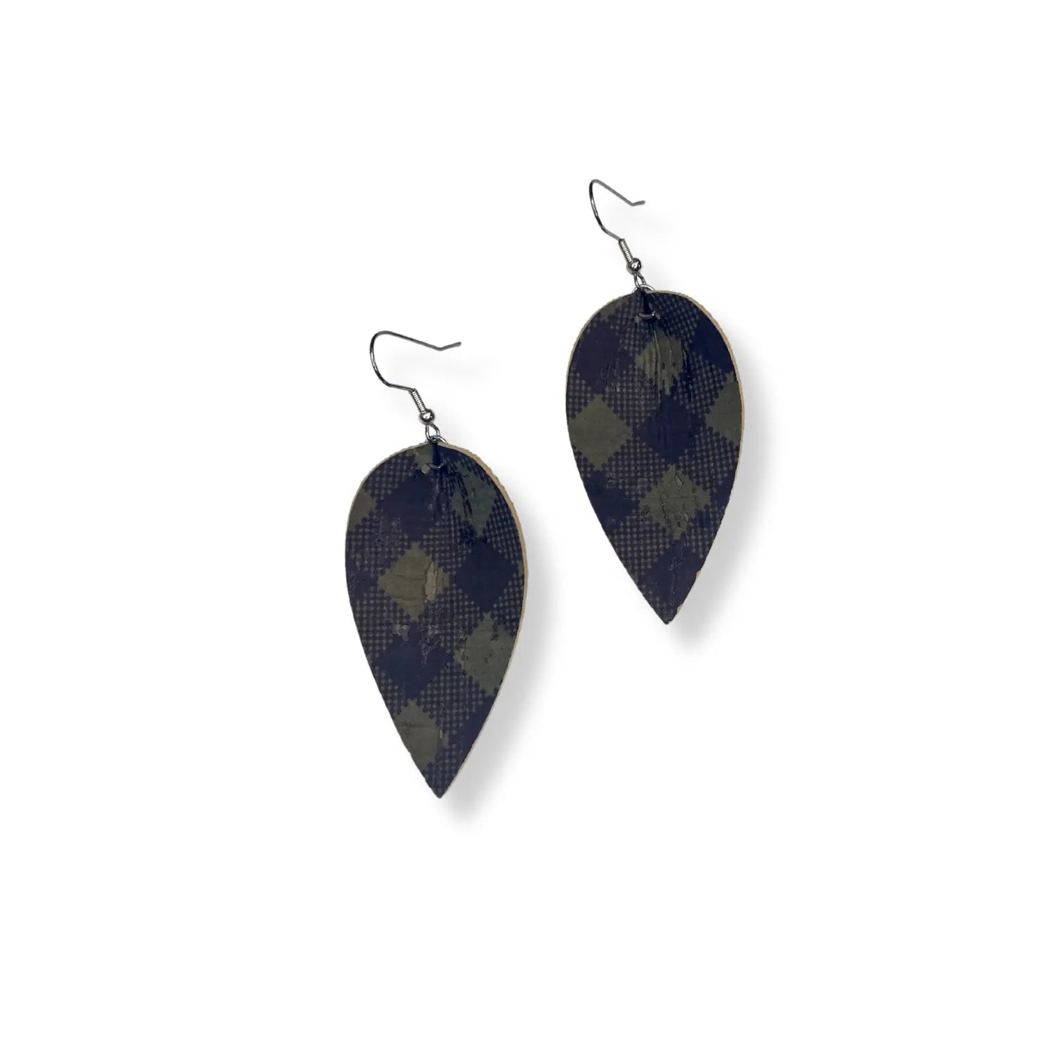 Henley Green Buffalo Plaid Cork Dangly Leaf Earrings Creek + Elm