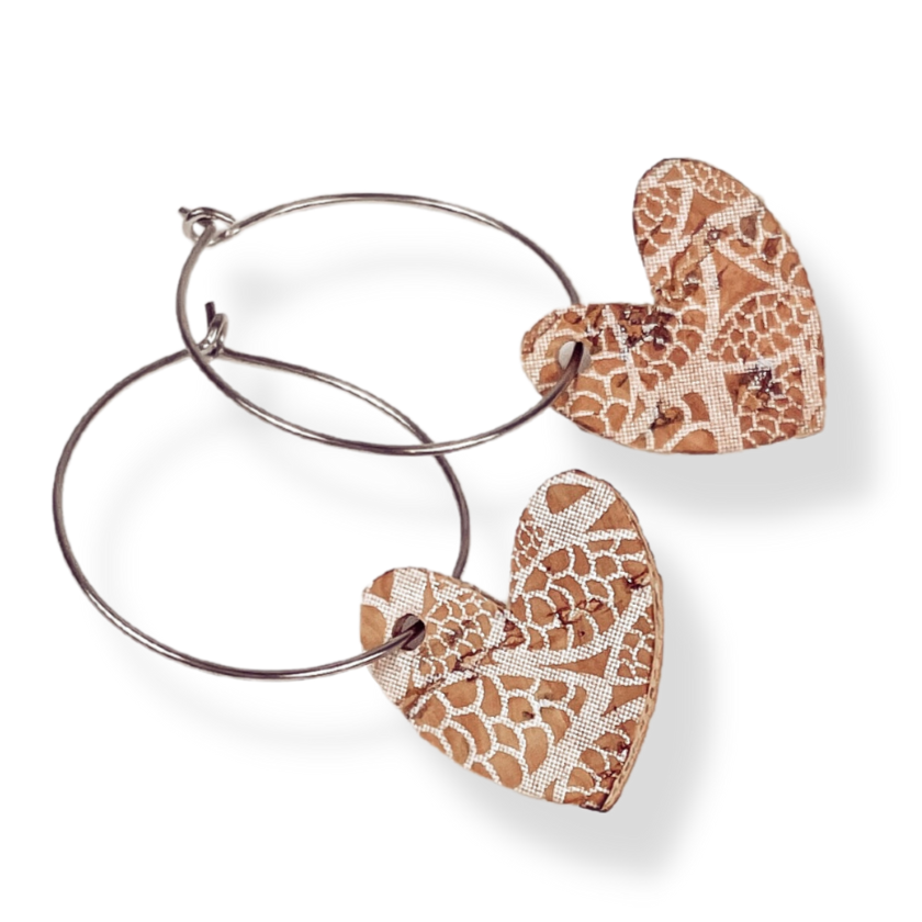 Juliet Heart Hoop Cork Earrings-White Lace