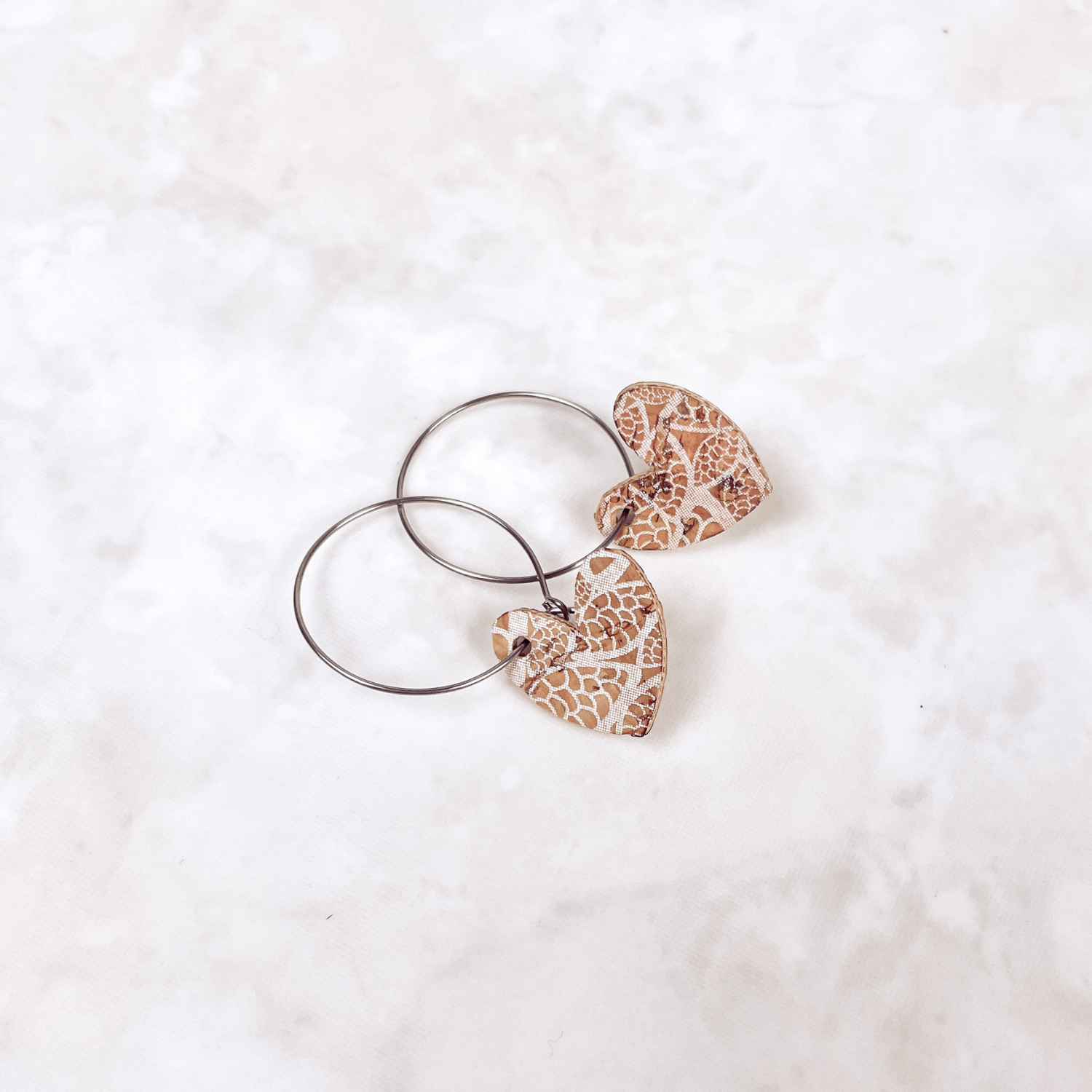 Juliet Heart Hoop Cork Earrings-White Lace
