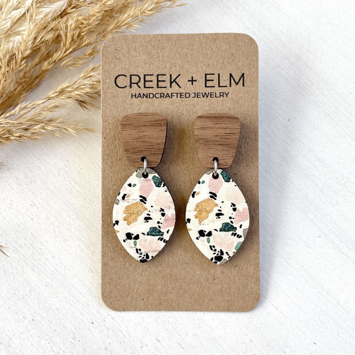Lorelei Cork Leaf + Walnut Earrings- Terrazzo