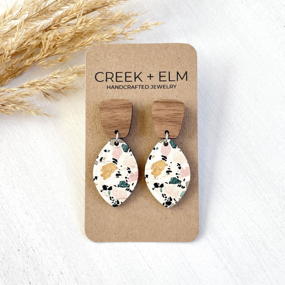 Lorelei Cork Leaf + Walnut Earrings- Terrazzo