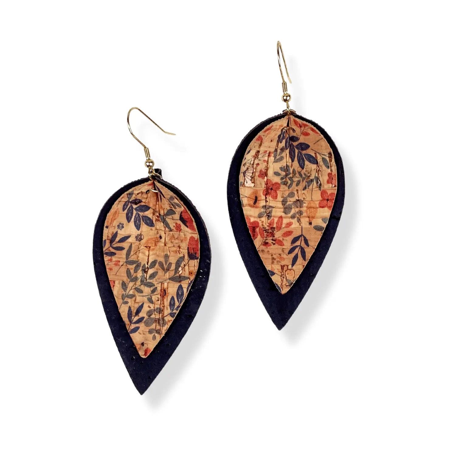 Lainey Petite Floral Cork Leaf Dangly Earrings-Navy Creek + Elm