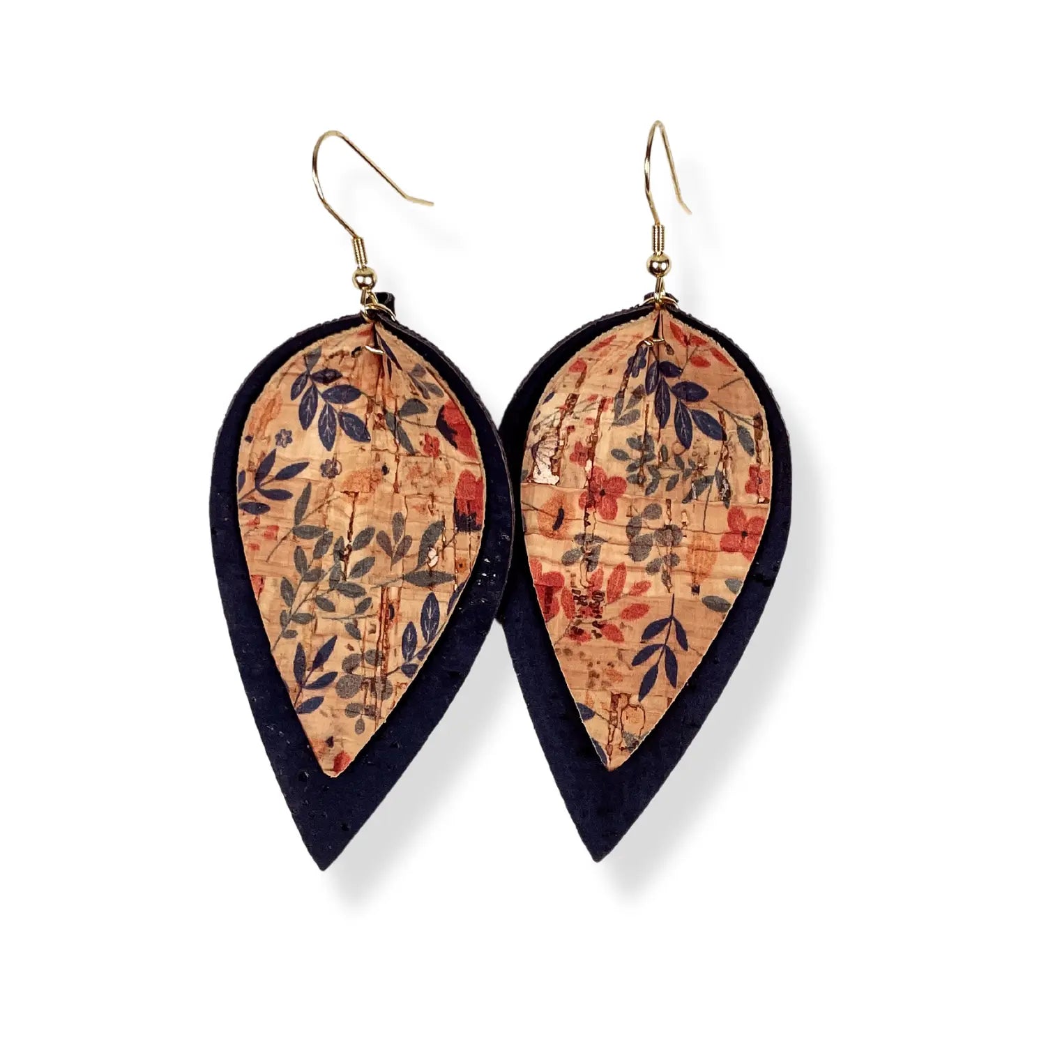 Lainey Petite Floral Cork Leaf Dangly Earrings-Navy Creek + Elm